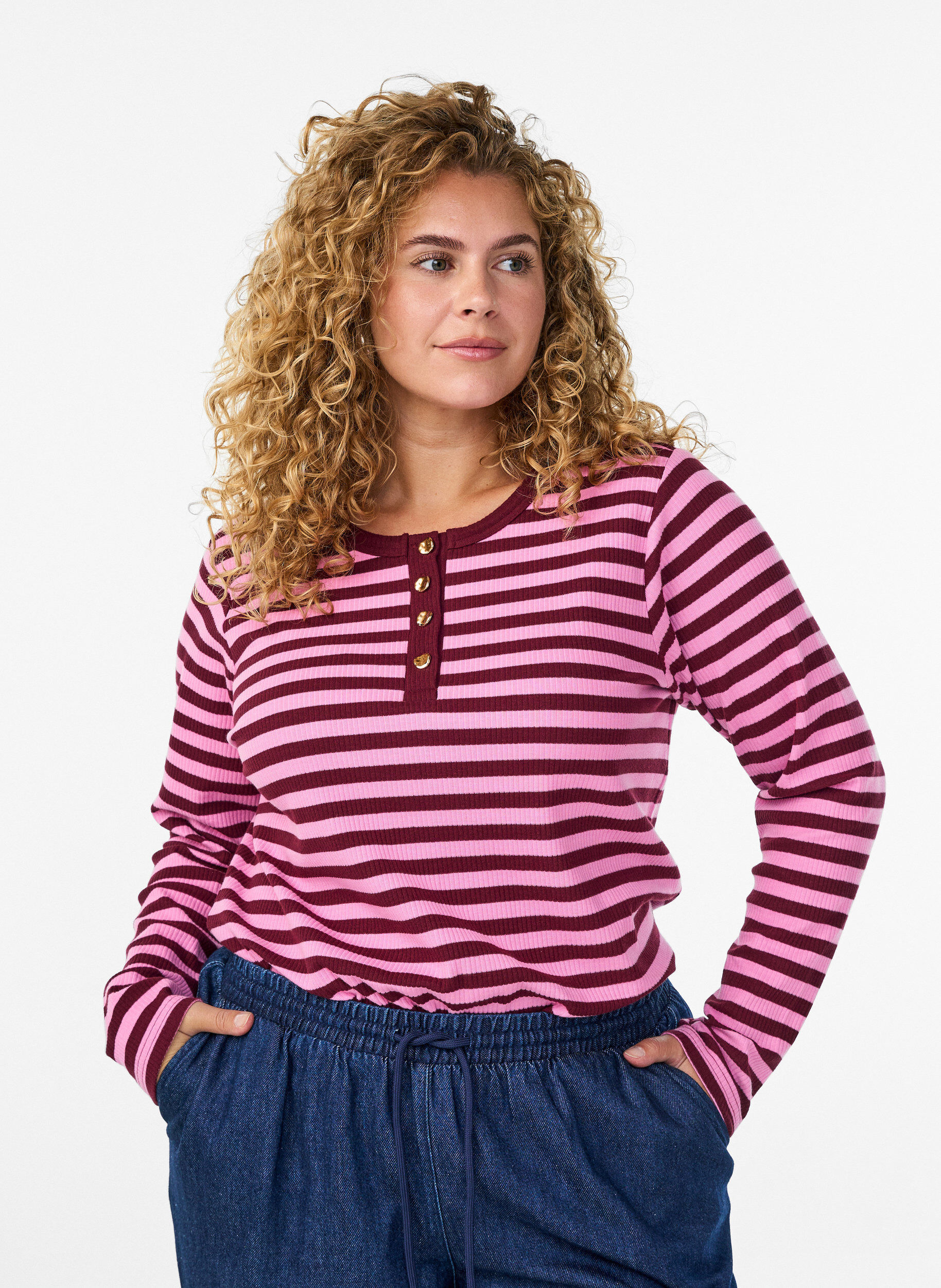 Zizzi Gestreifte Jerseybluse mit Rippstruktur, Pink, Model image number 0