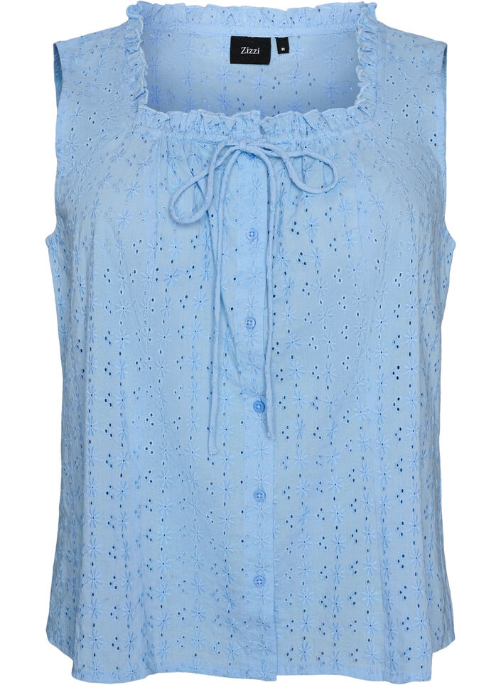 &Auml;rmellose Bluse mit Lochstickerei und R&uuml;schen, Blau, Packshot image number 0