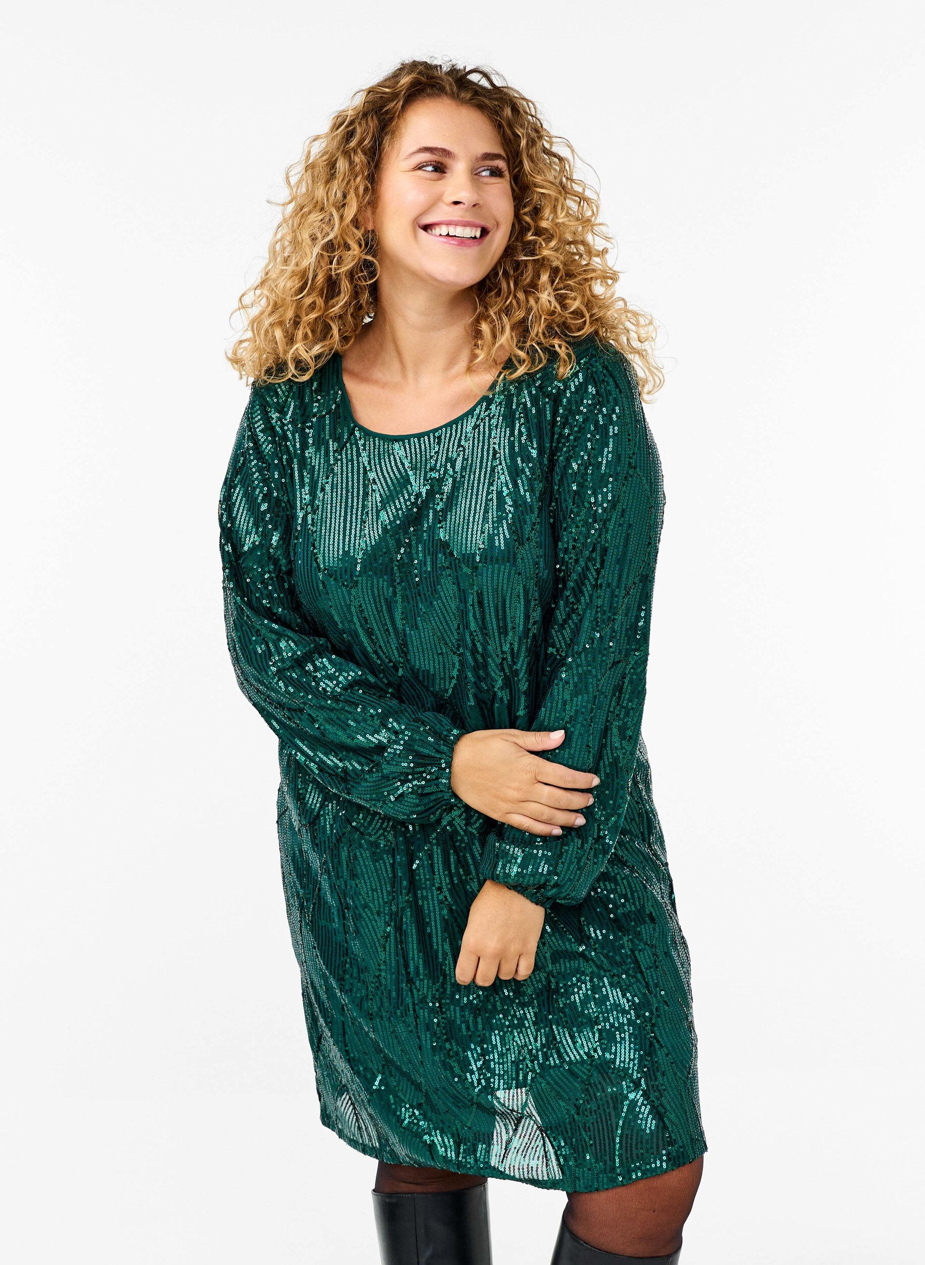 Zizzi Lang&auml;rmliges Paillettenkleid mit Muster, Rain Forest, Model image number 0