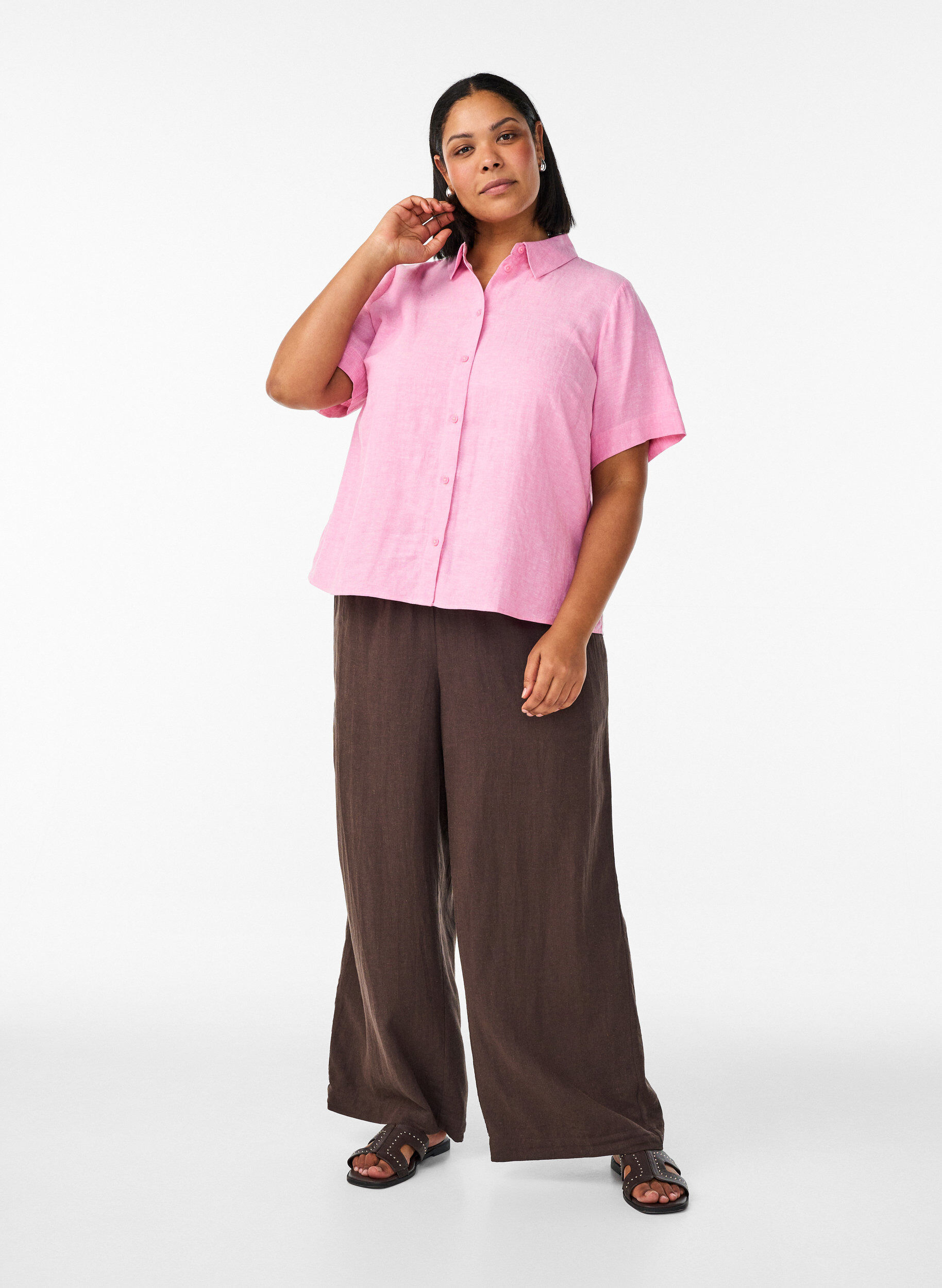 Zizzi Kurzarmhemd aus Leinen und Viskose, Pink, Model image number 1