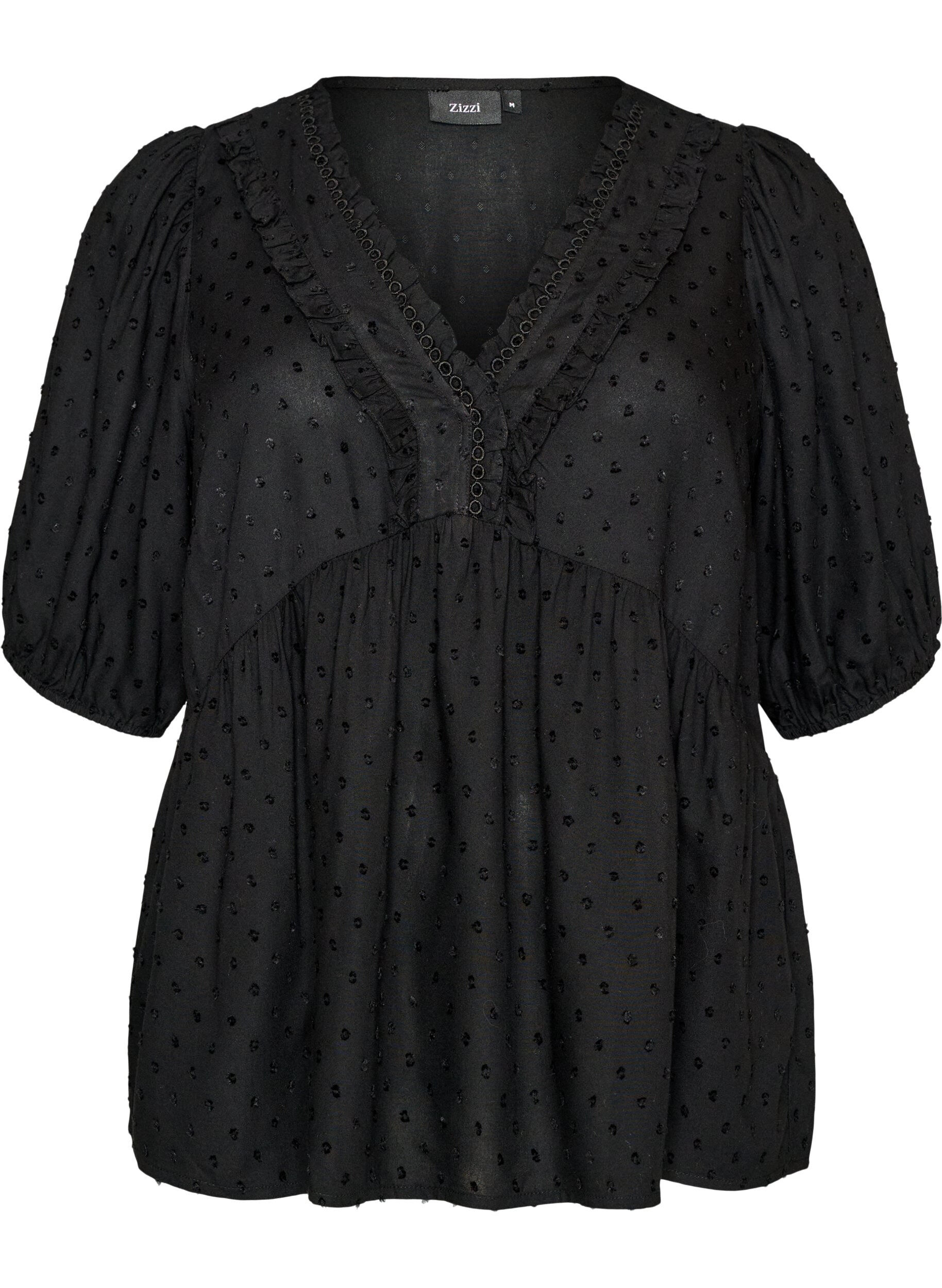 Blouse en viscose avec texture &agrave; pois et col V