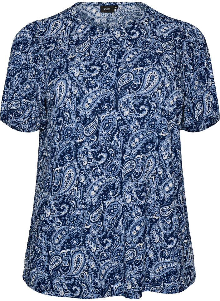 Gemusterte Bluse mit kurzen &Auml;rmeln, Blau, Packshot image number 0