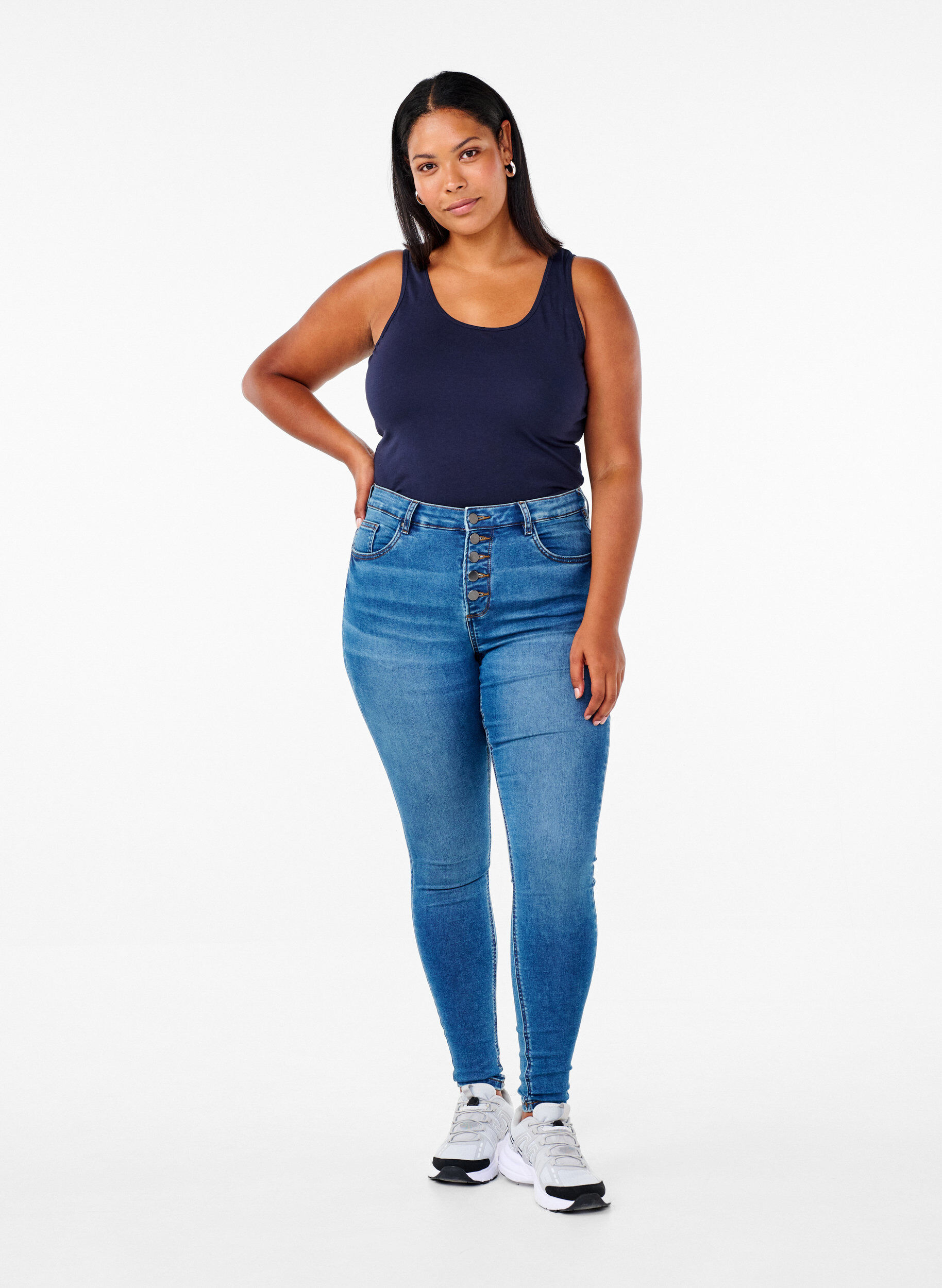 Zizzi Haut basic uni en coton, Bleu, Model image number 1