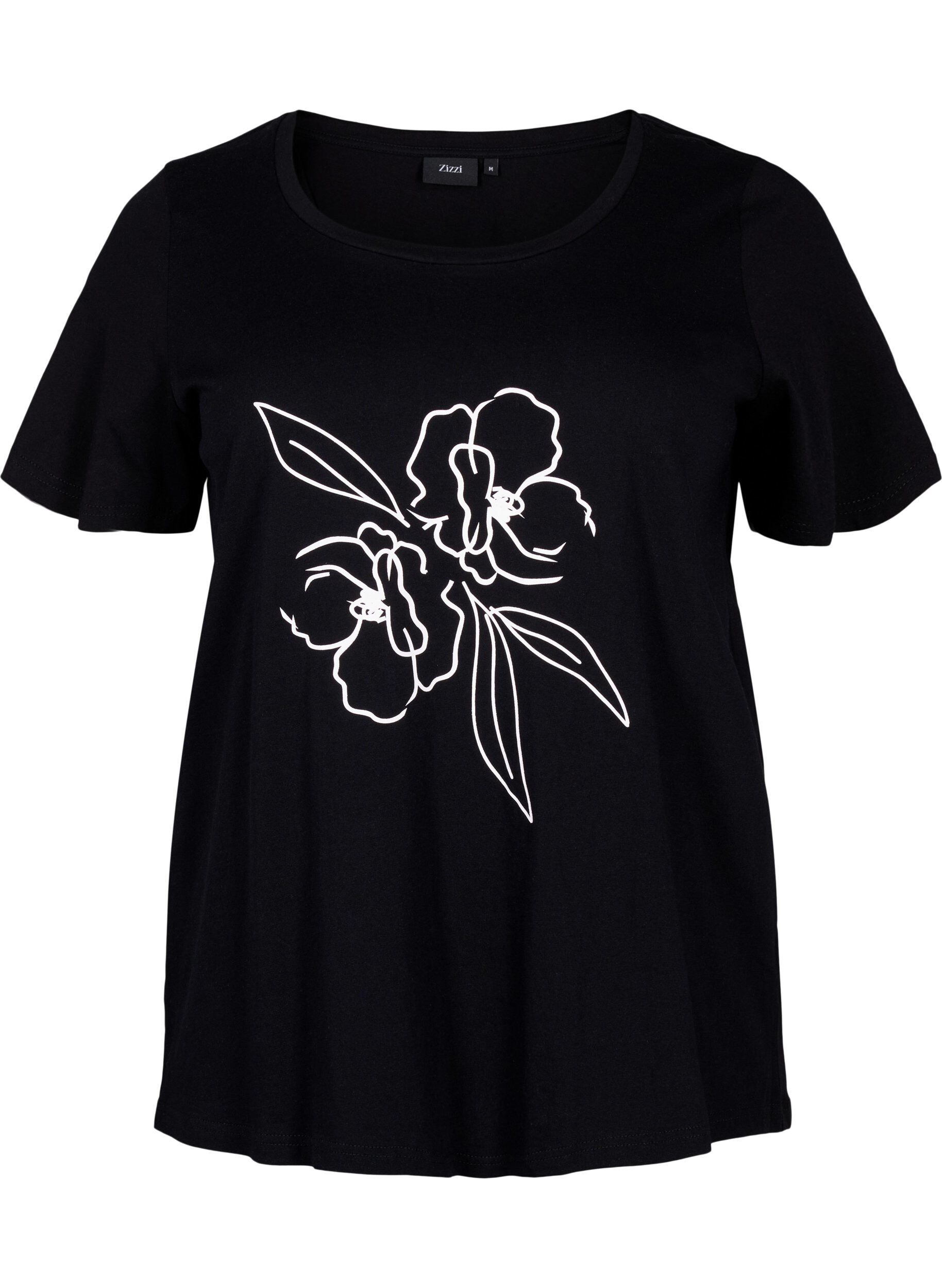 Zizzi Baumwoll-T-Shirt mit Motiv, Black w. Flower, Packshot image number 0