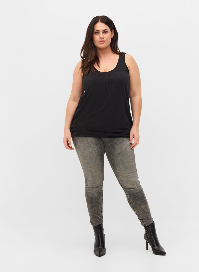 Haut en coton à col rond et bord en dentelle, Black, Model image number 2