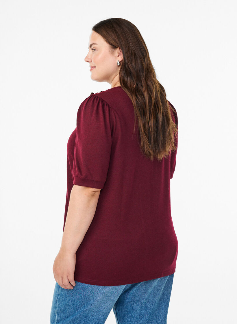 Bluse mit Knopfdetail und kurzen Puffärmeln, Dunkles Bordeaux, Model image number 2
