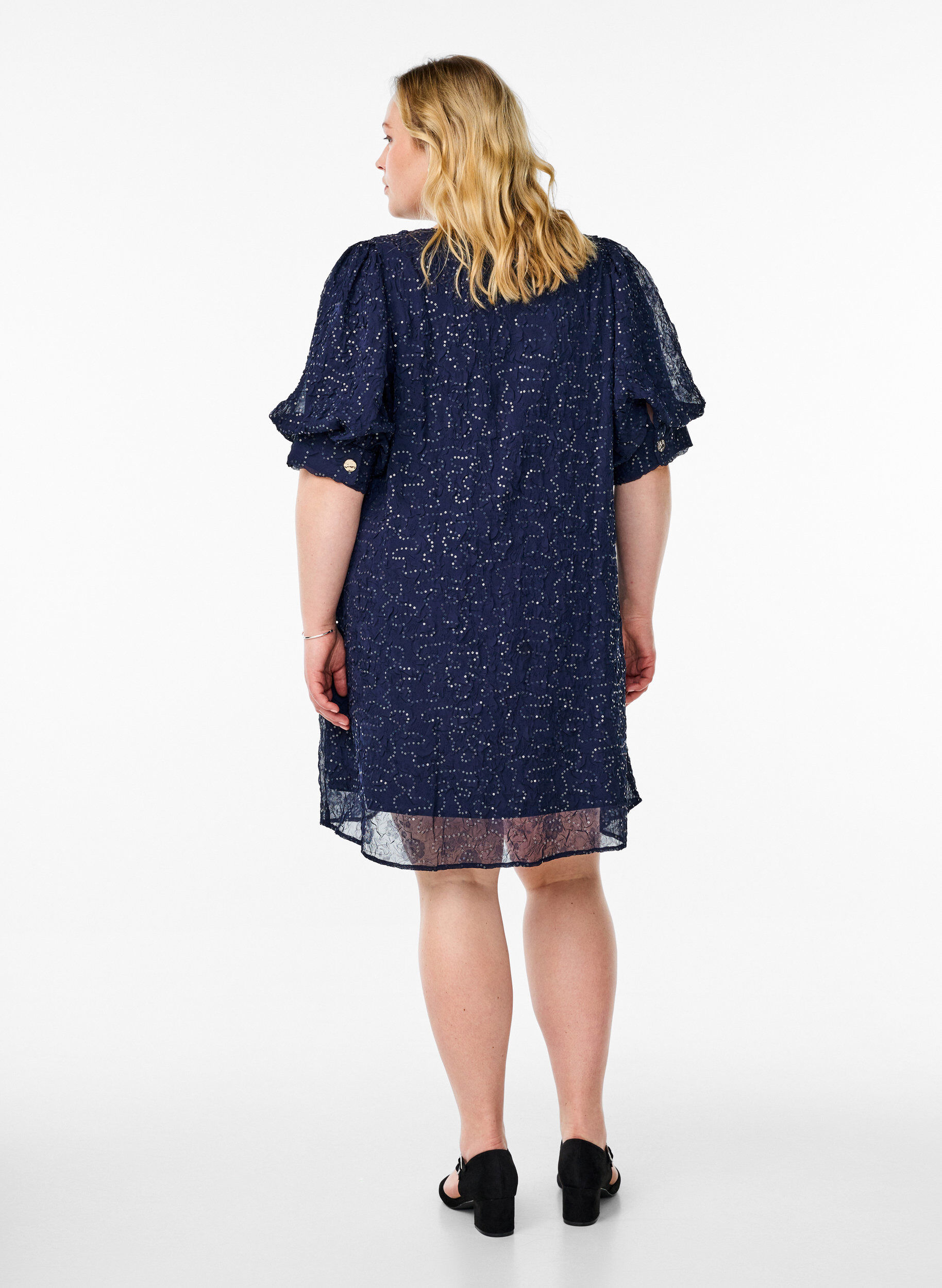 Zizzi Robe de soir&eacute;e courte &agrave; paillettes, Bleu, Model image number 2