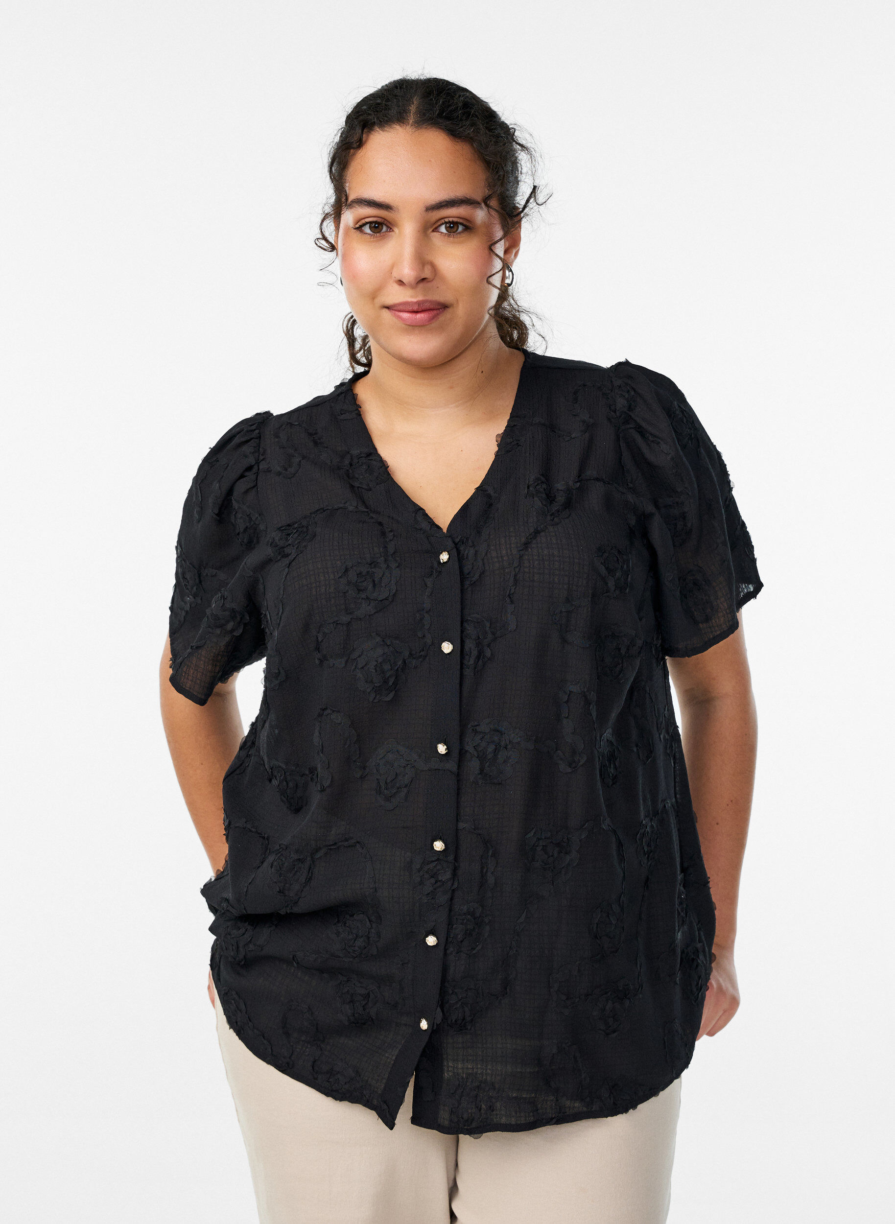 Short-sleeved shirt blouse with a 3D flower effect, Black, Model