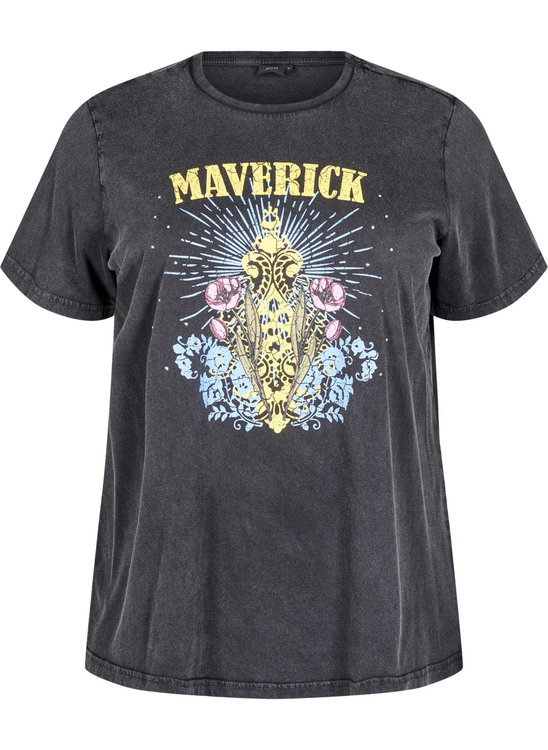 Zizzi T-shirt en coton biologique avec impression graphique, Gris, Packshot image number 0