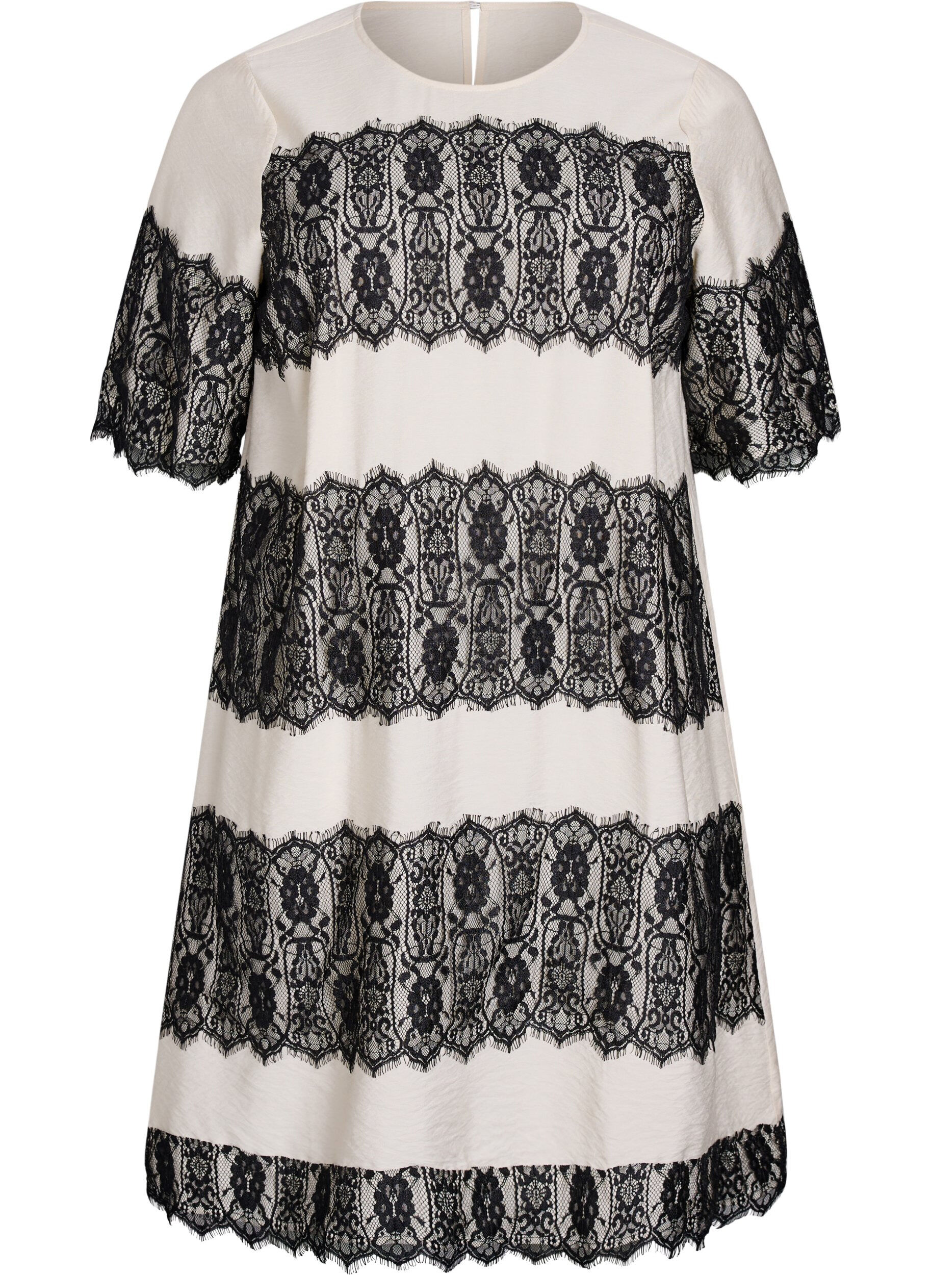 Zizzi Kurzes Kleid mit kontrastfarbenen Spitzeneins&auml;tzen, Beige, Packshot image number 0