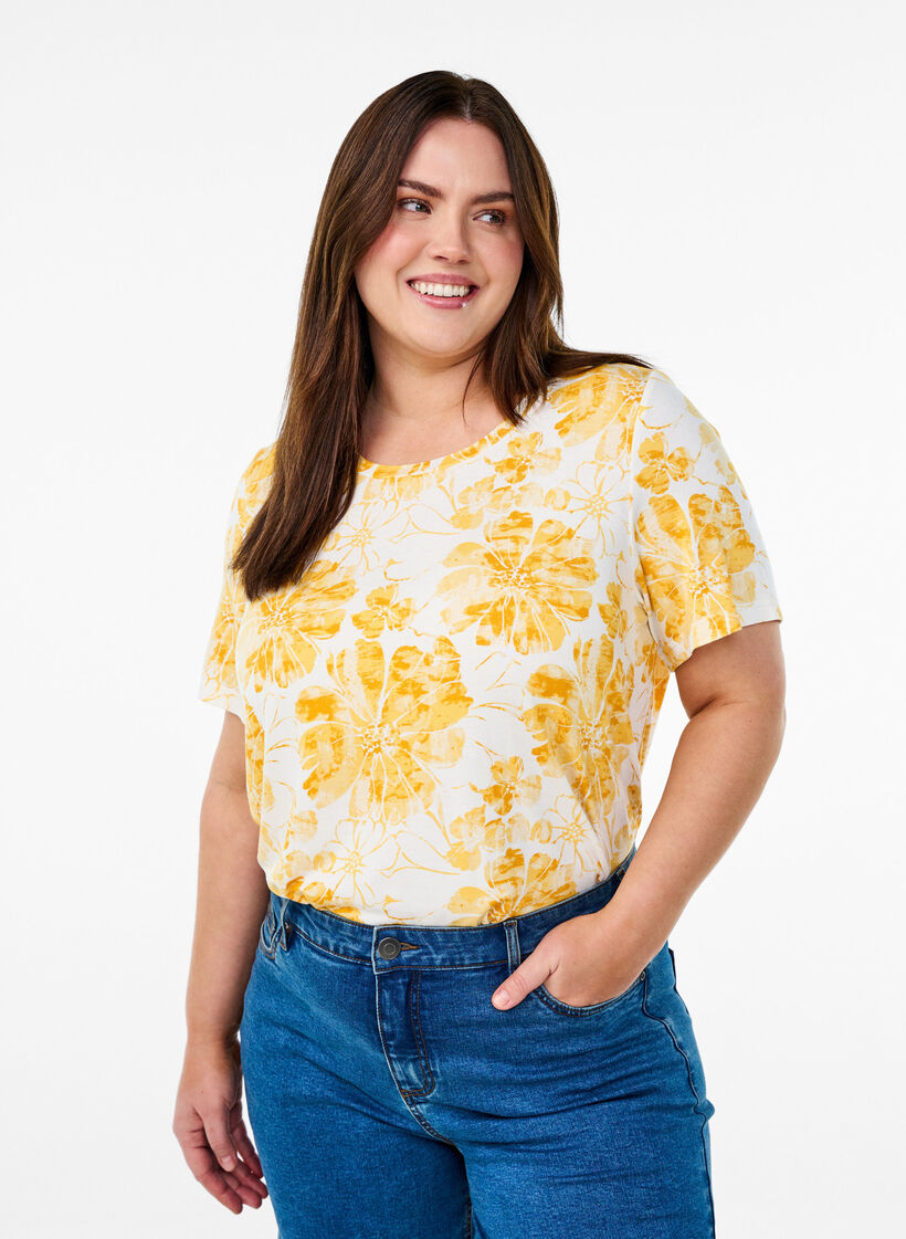 T-shirt avec imprim&eacute; floral, Jaune, Model image number 0
