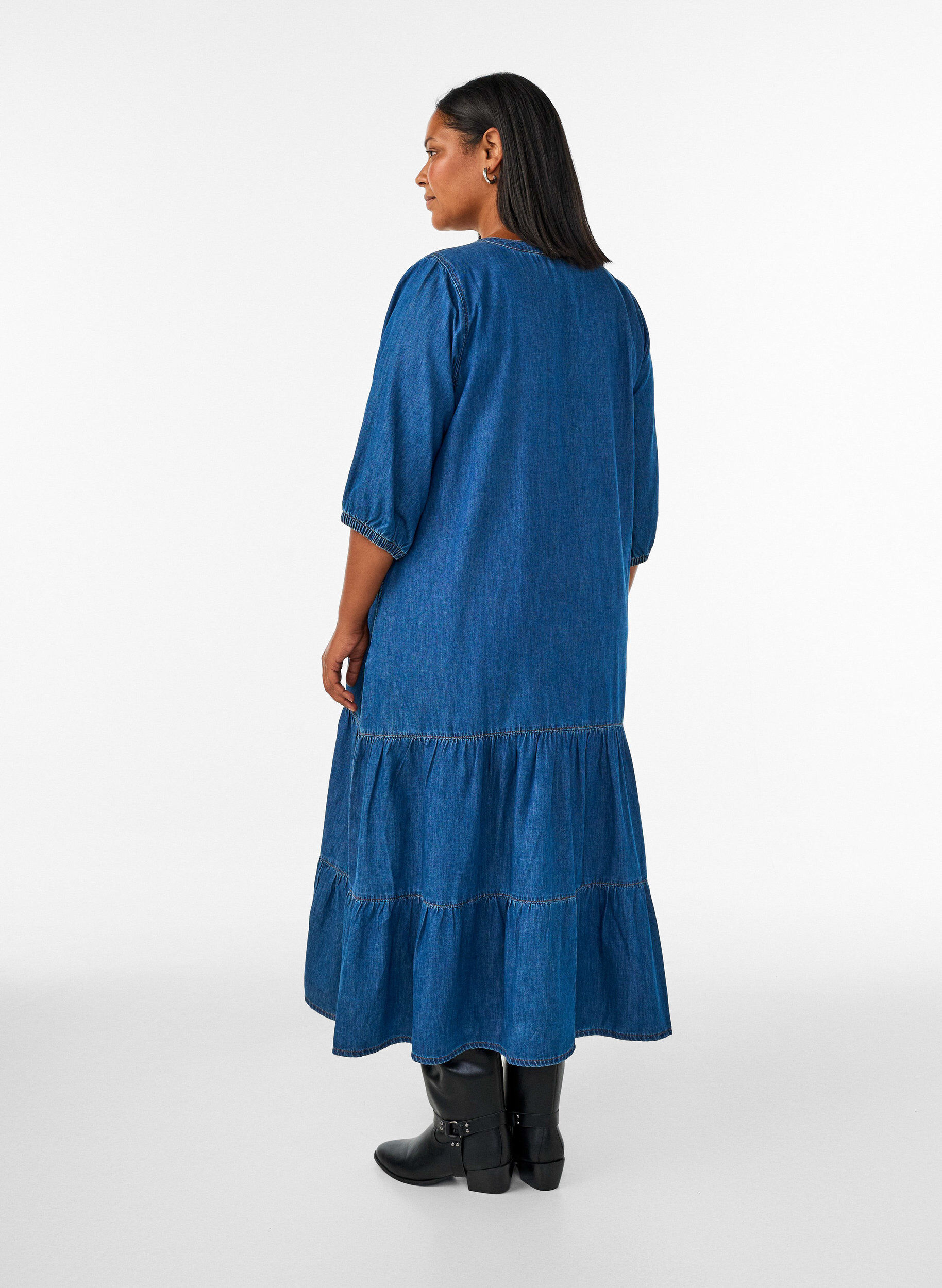 ZizziRobe longue en jean avec volants &eacute;tag&eacute;s, Bleu, Model image number 1