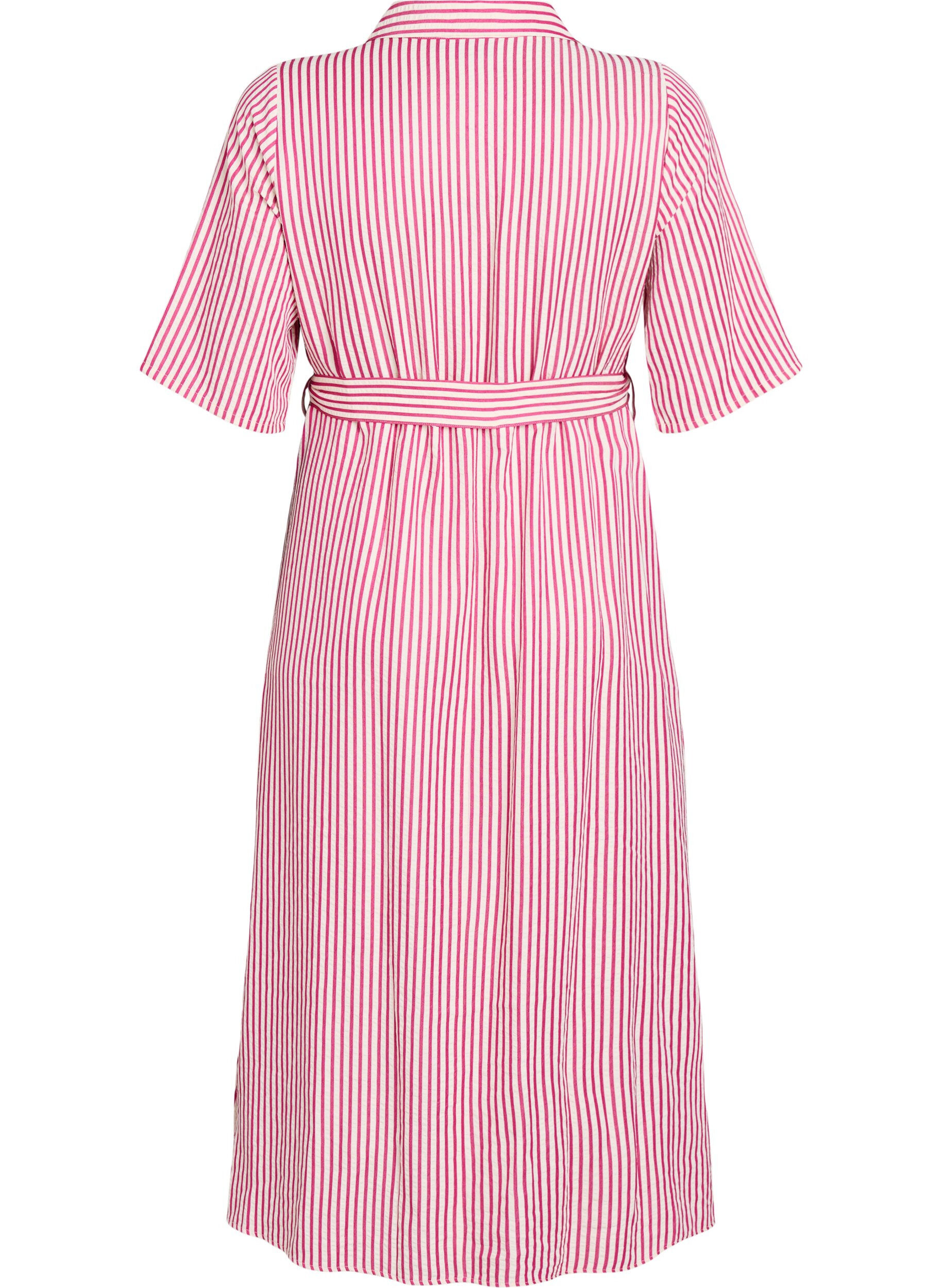 Zizzi Robe-chemise longue jusqu&rsquo;aux chevilles avec ceinture &agrave; nouer et rayures, Rose, Packshot image number 1