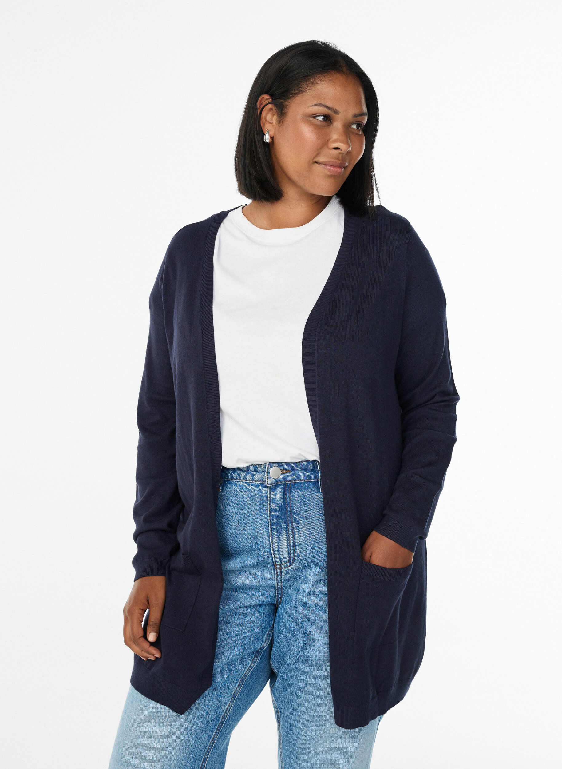 Zizzi Long cardigan tricot&eacute; en m&eacute;lange de viscose, Bleu, Model image number 0