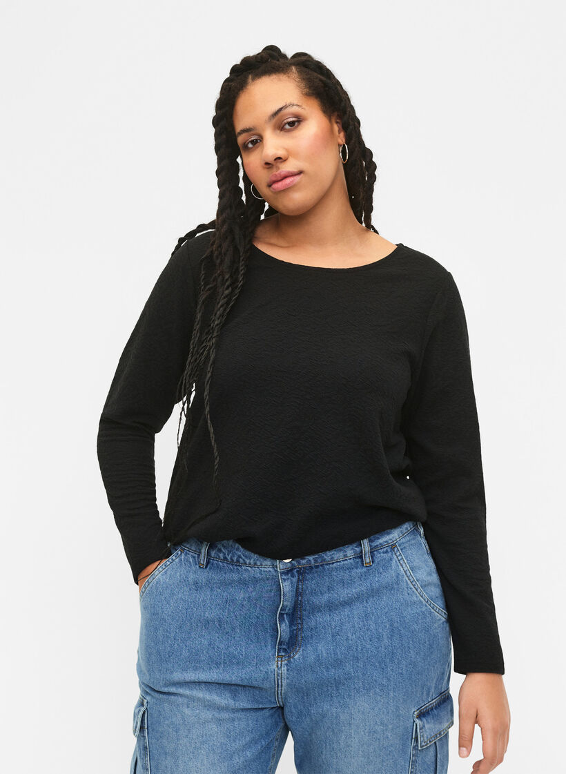 Chemisier texturé à manches longues, Noir, Model image number 3