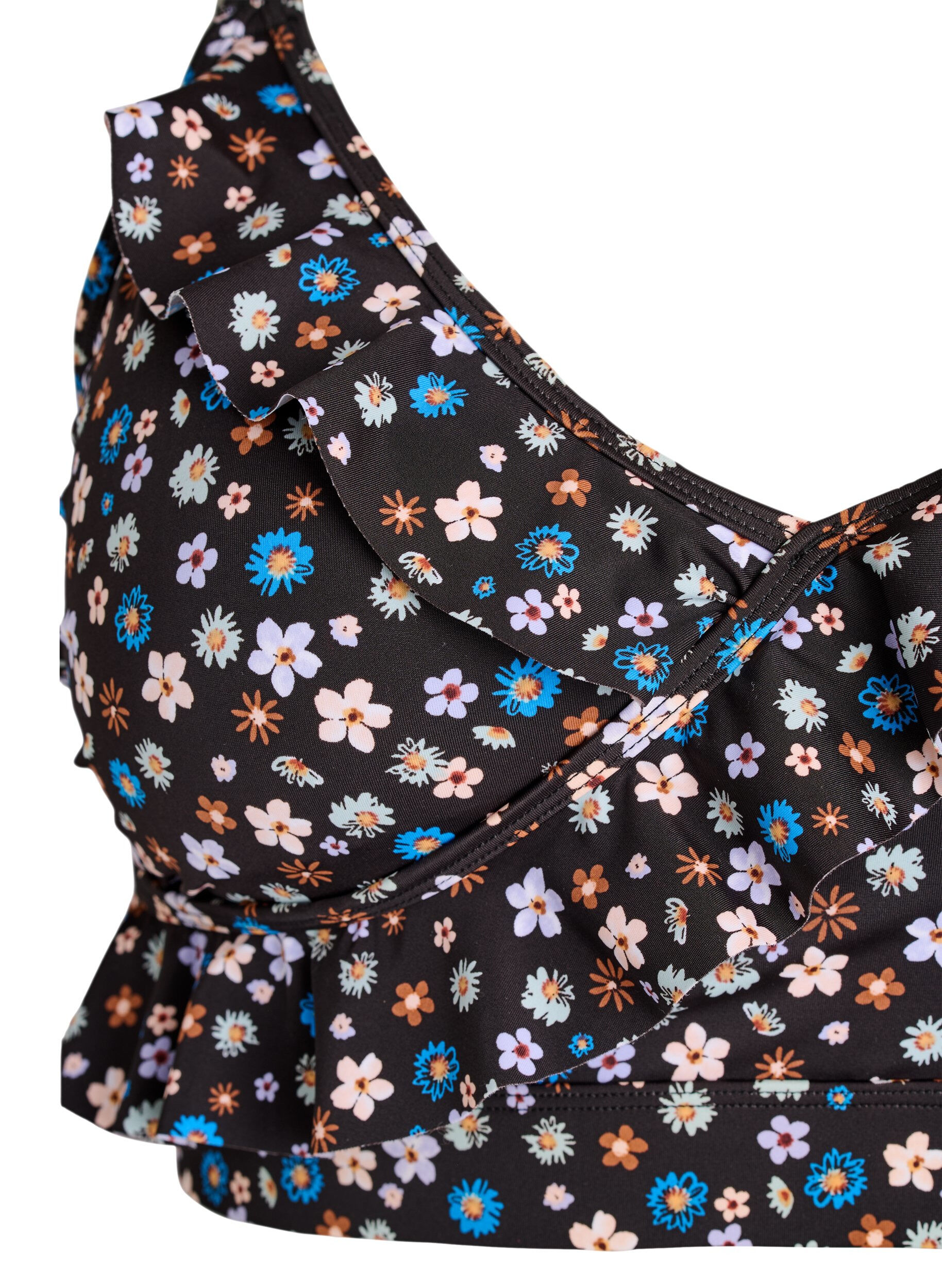 ZizziHaut de bikini &agrave; fleurs et &agrave; d&eacute;tails de jabot, Marron, Packshot image number 2