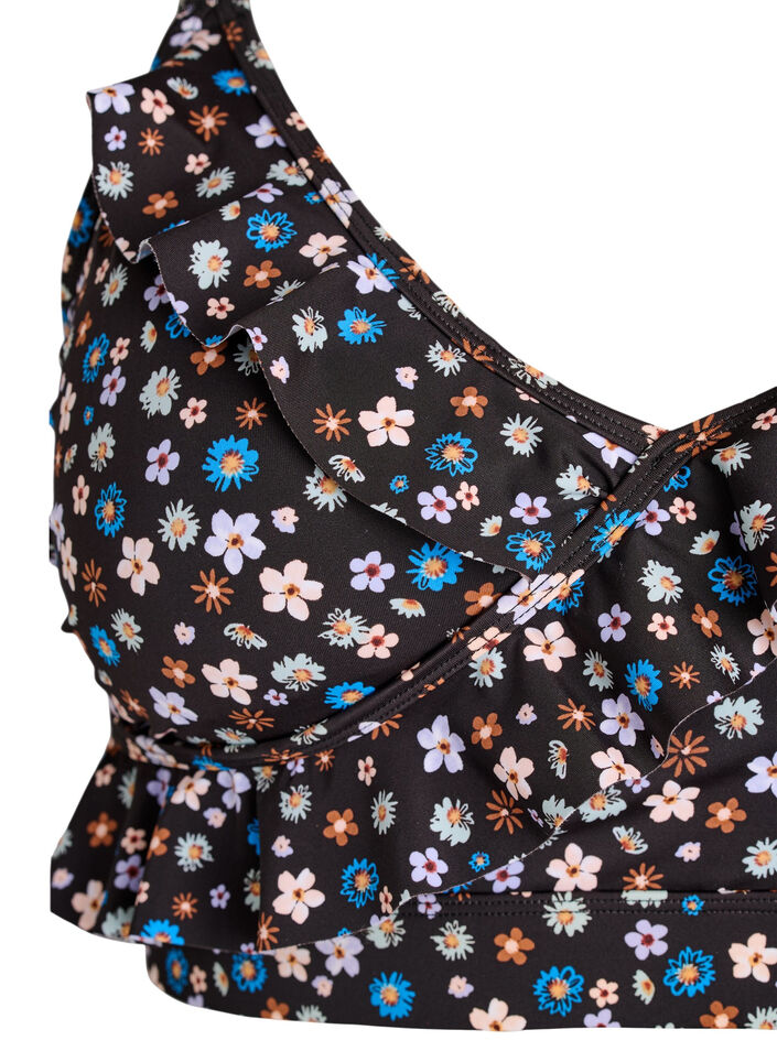 Haut de bikini &agrave; fleurs et &agrave; d&eacute;tails de jabot, Marron, Packshot image number 2