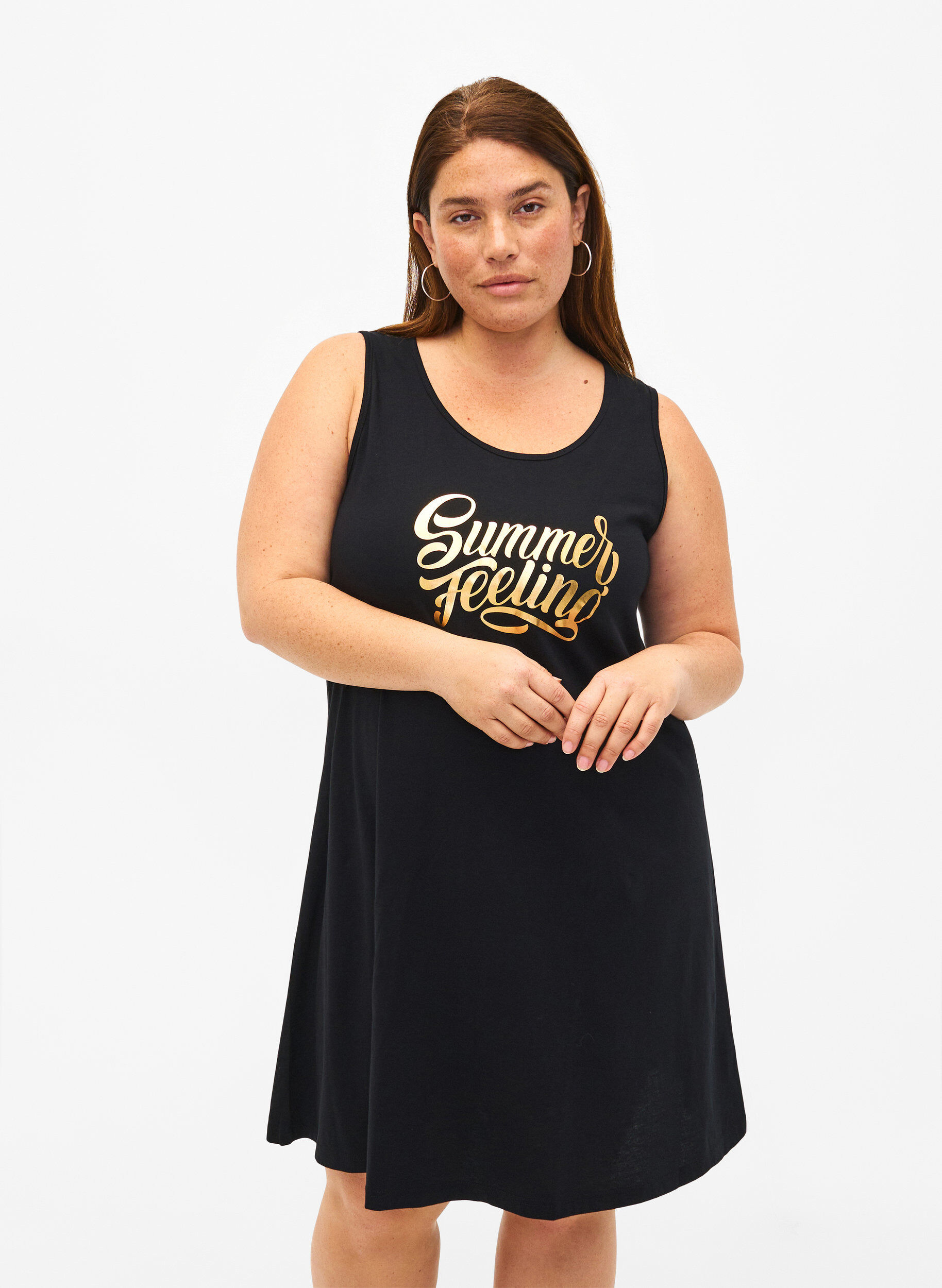 Zizzi &Auml;rmelloses Kleid aus Baumwolle mit A-Linie, Black W. Summer, Model image number 0
