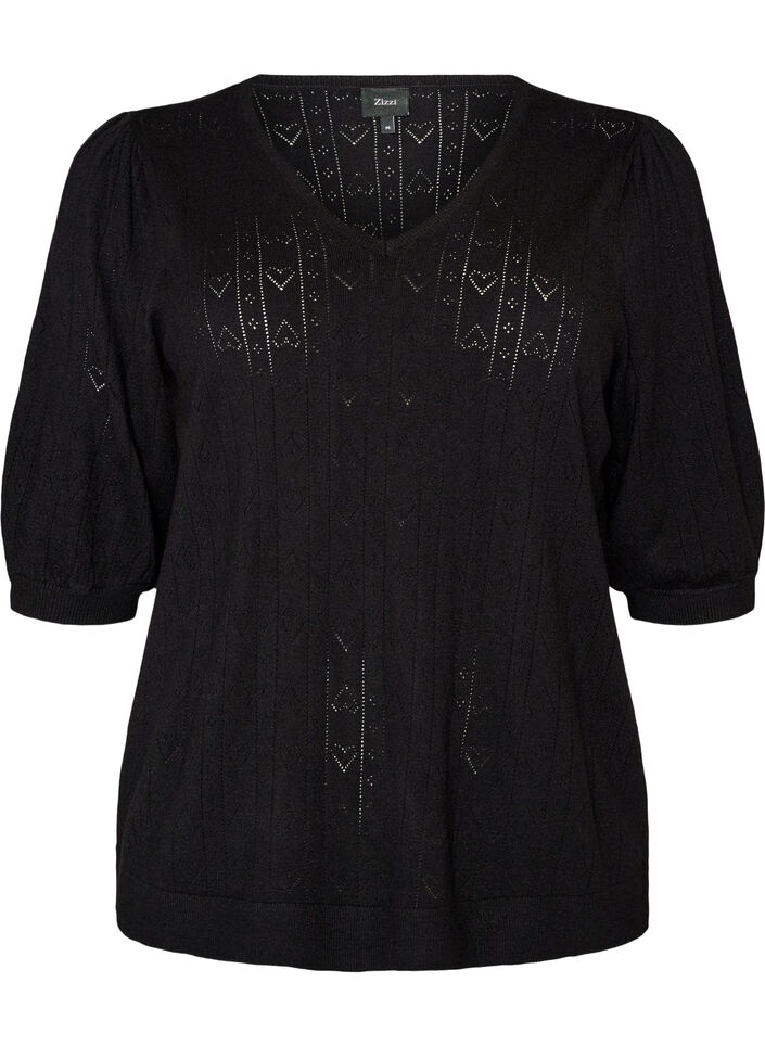 Blouse en maille pointelle &agrave; manches courtes, Noir, Packshot image number 0