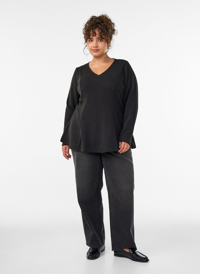 Blouse en jersey c&ocirc;tel&eacute; &agrave; coupe &eacute;vas&eacute;e, Noir, Model image number 1