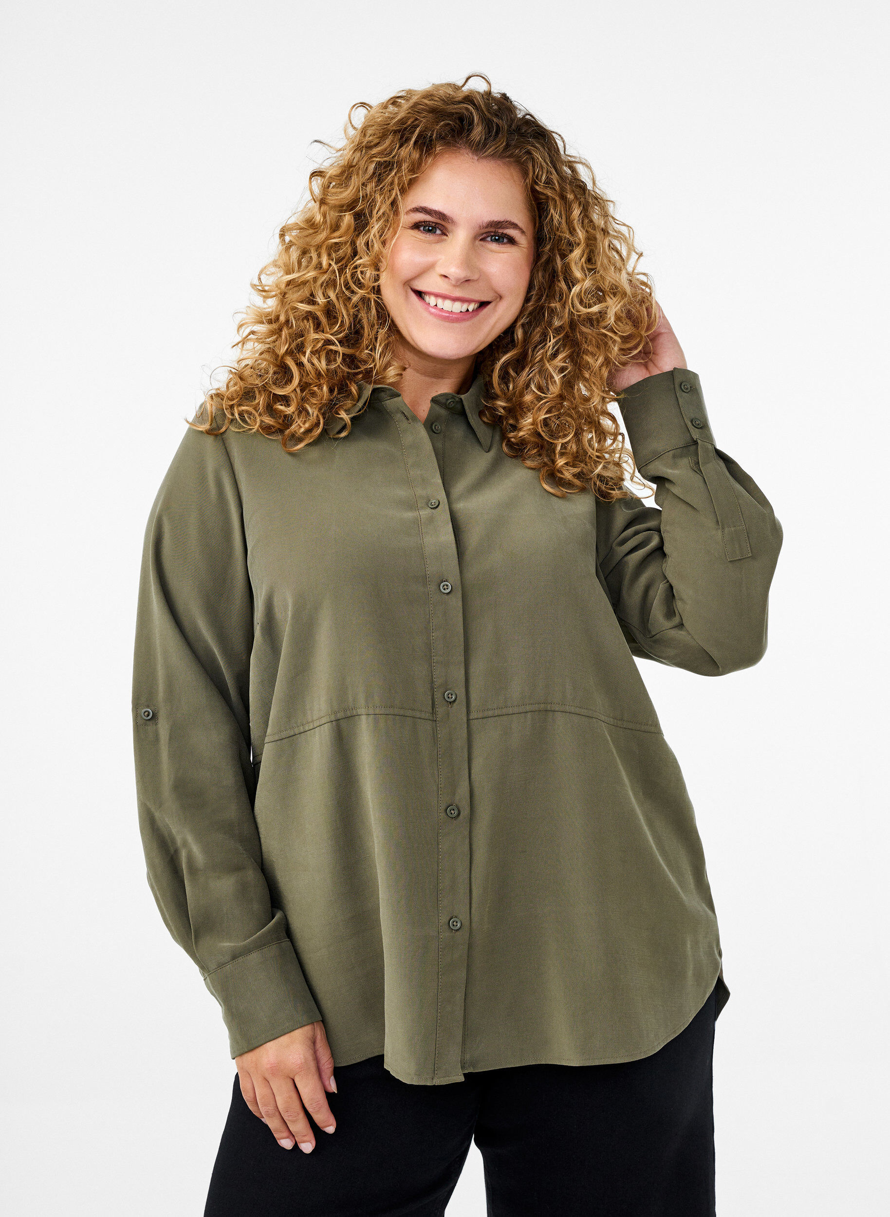 Zizzi FLASH - Bluse mit Kragen und &Auml;rmeln zum Hochkrempeln, Gr&uuml;n, Model image number 0