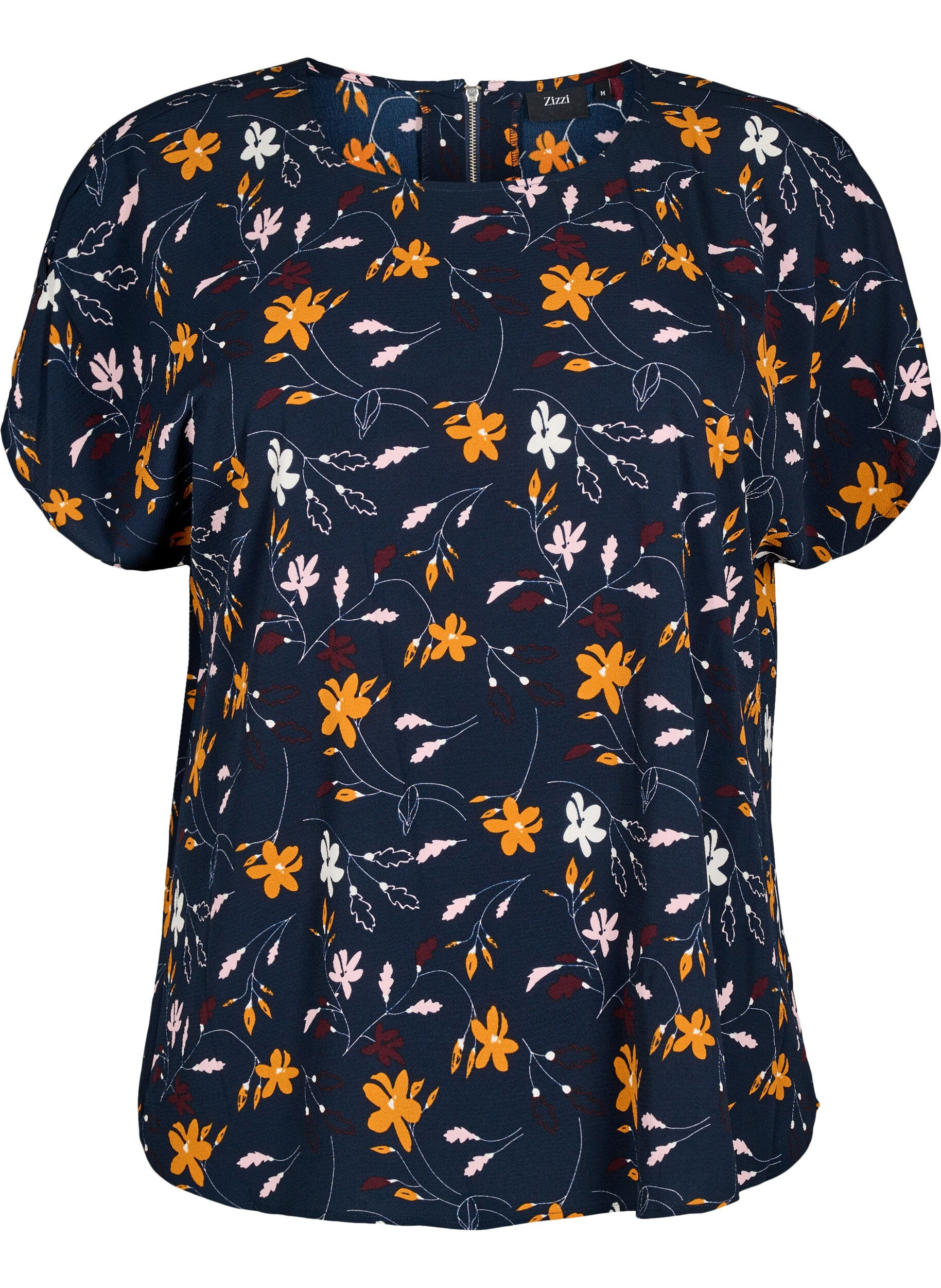 Zizzi Bluse mit kurzen &Auml;rmeln und gebl&uuml;mtem Print, Sky Captain Flower, Packshot image number 0