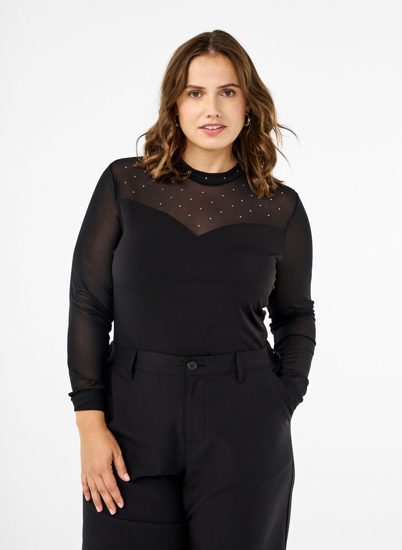 Body mit Nieten und langen Mesh-Ärmeln, Black, Model image number 0