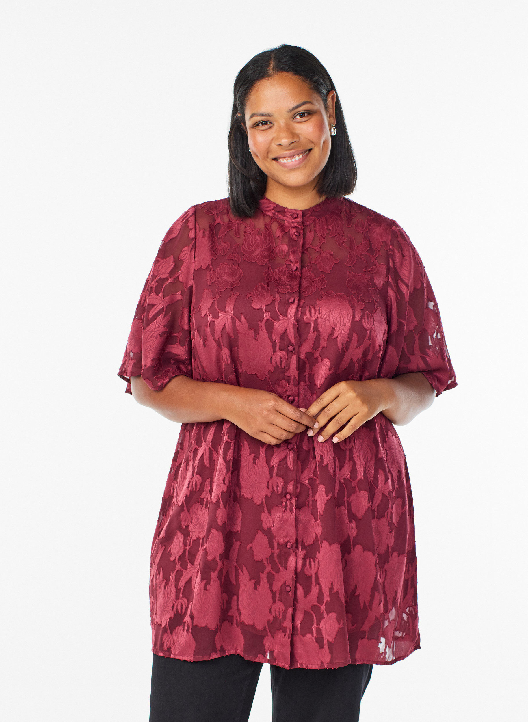 Kurzes A-Linien-Kleid mit Blumenmuster, Dunkles Bordeaux, Model