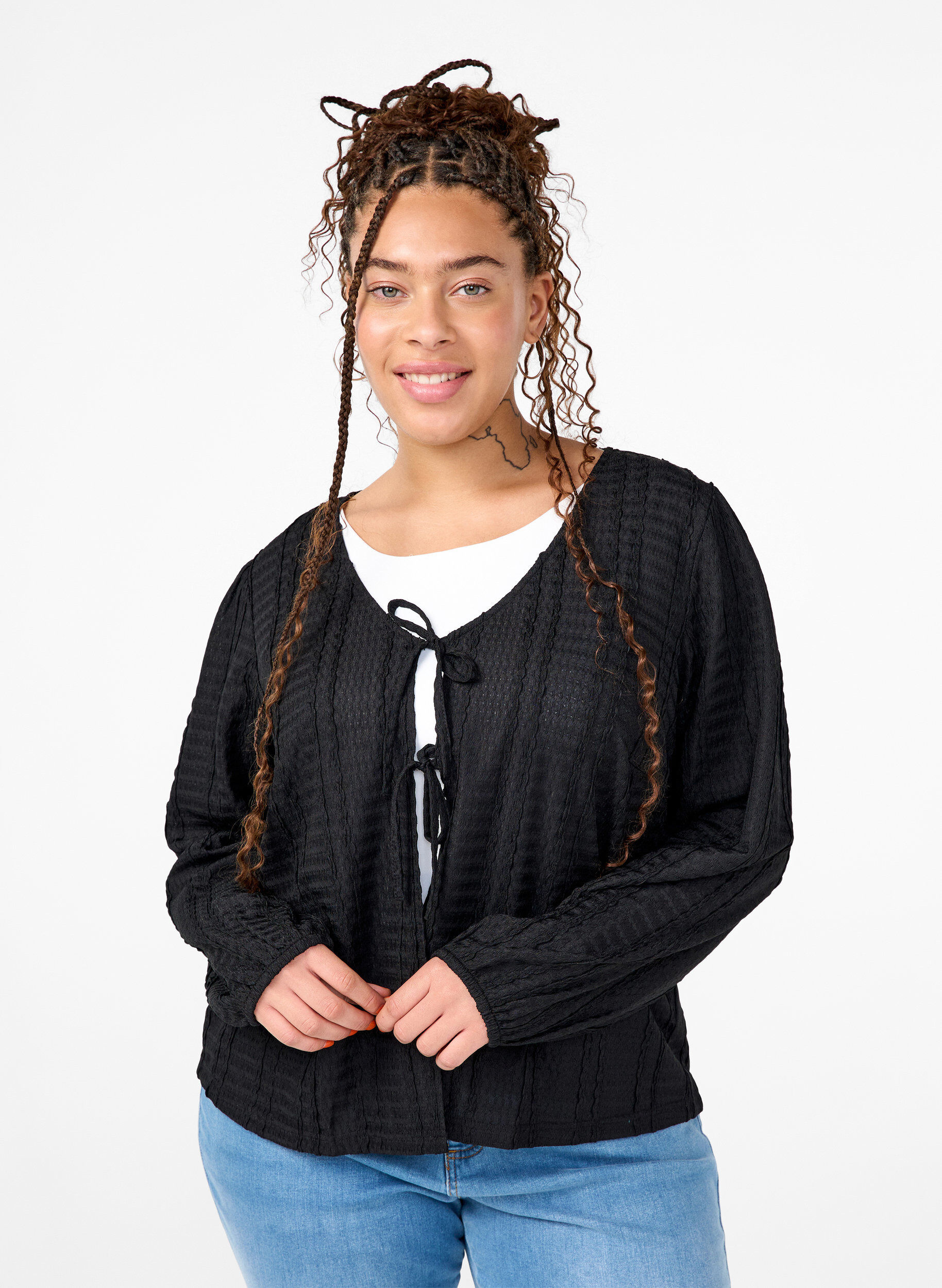 Zizzi Strickjacke mit B&auml;ndern, Black, Model image number 0
