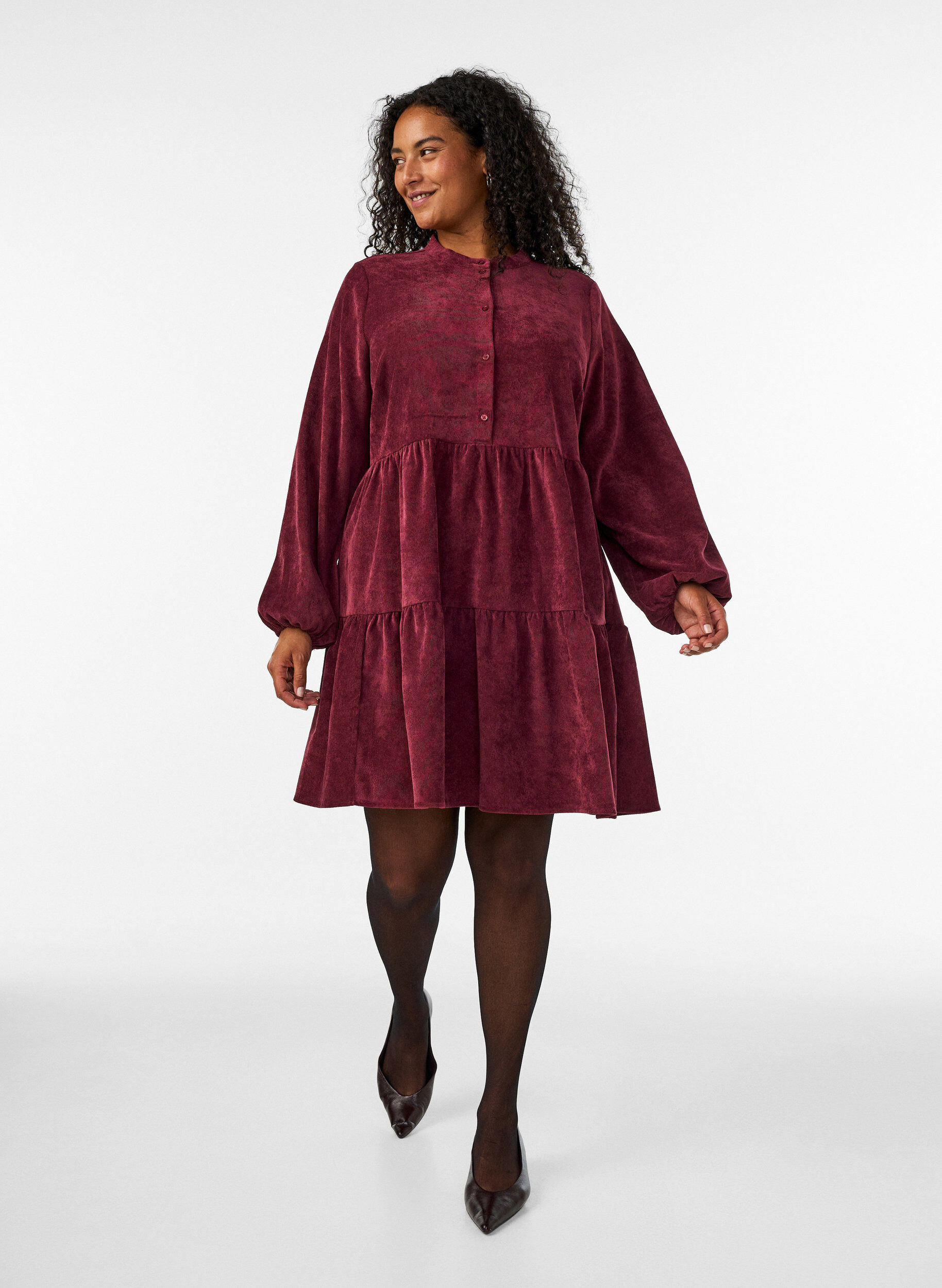 ZizziCordkleid in A-Linie mit Stehkragen, Rot, Model image number 1