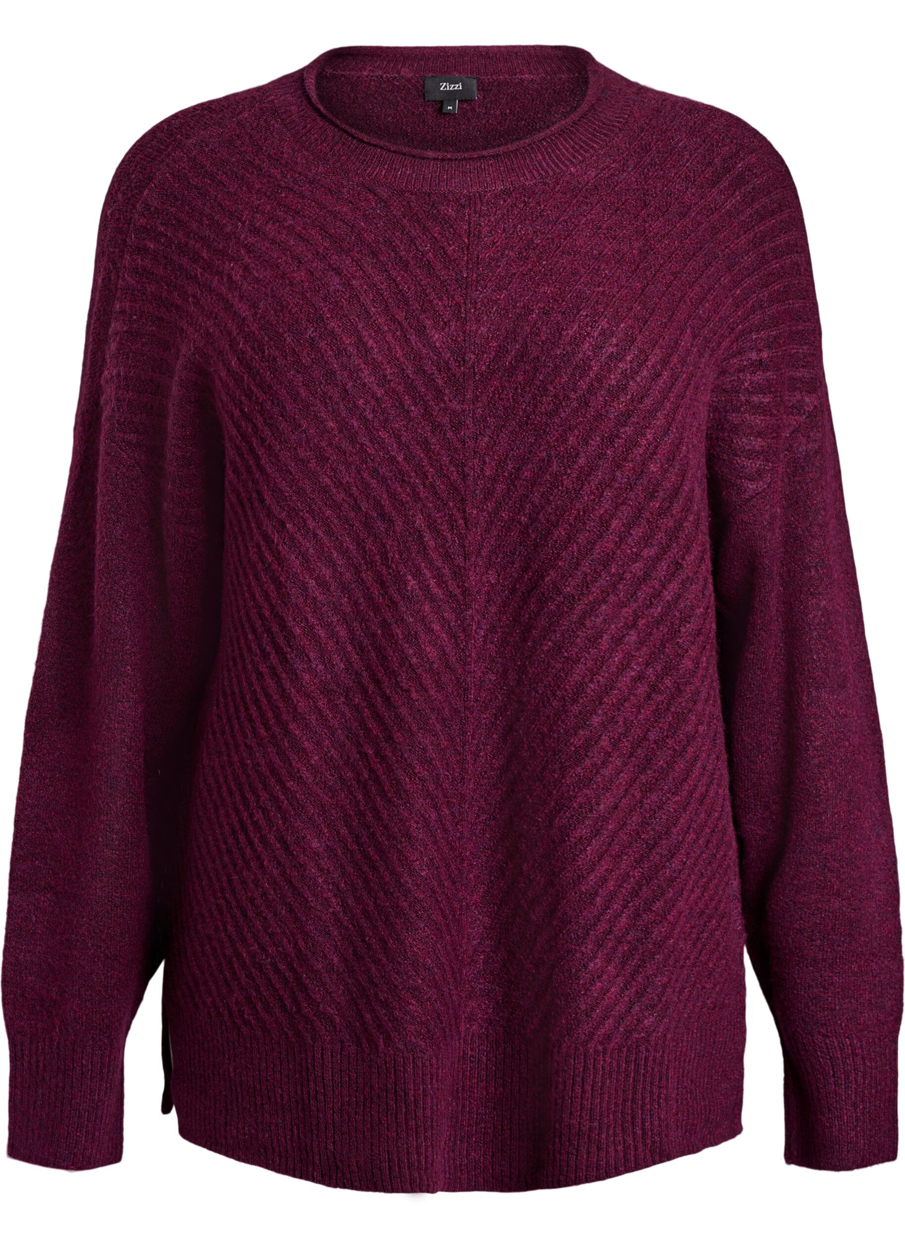 Zizzi Blouse en maille avec motif c&ocirc;tel&eacute; en V et fentes, Violet, Packshot image number 0