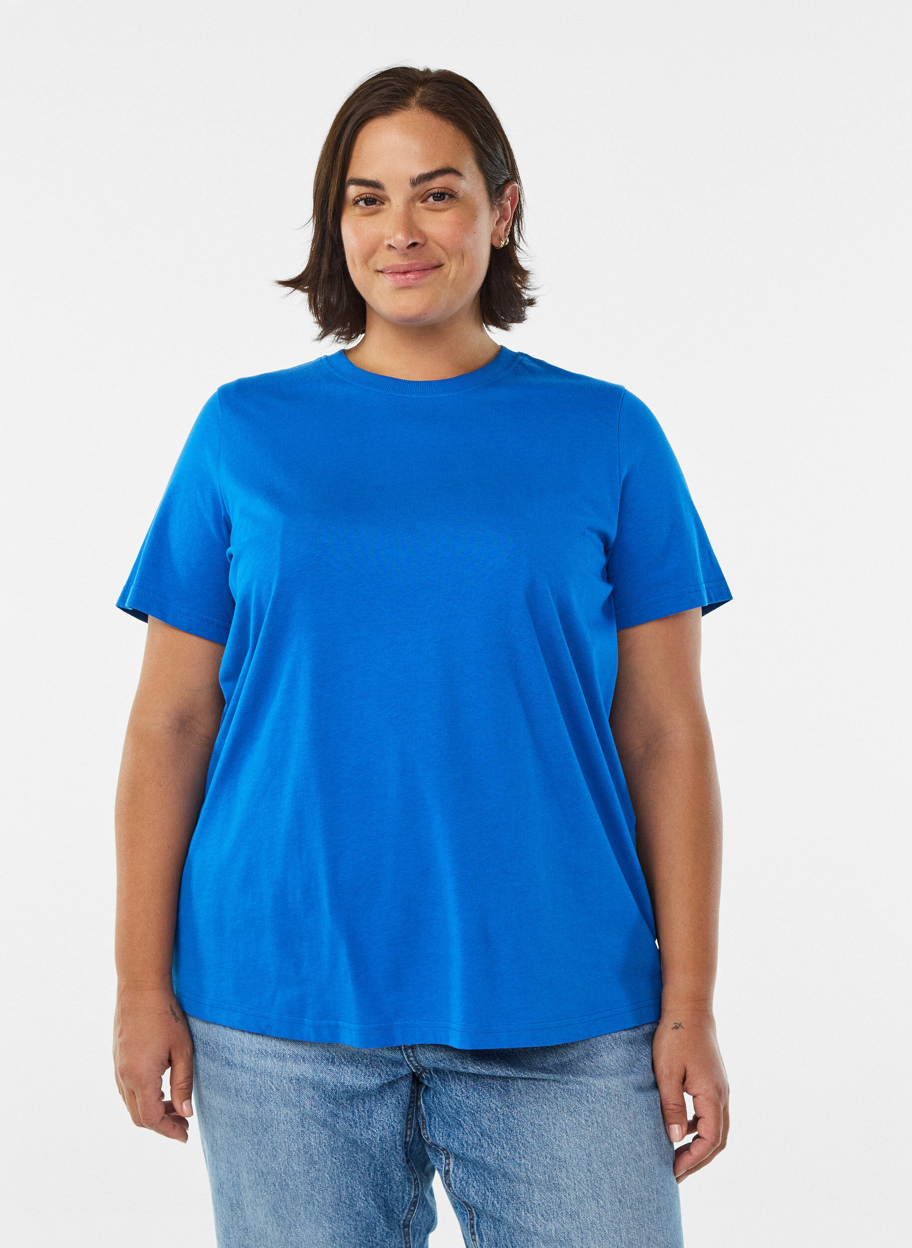 T-shirt basique en coton &agrave; col rond, Bleu, Model