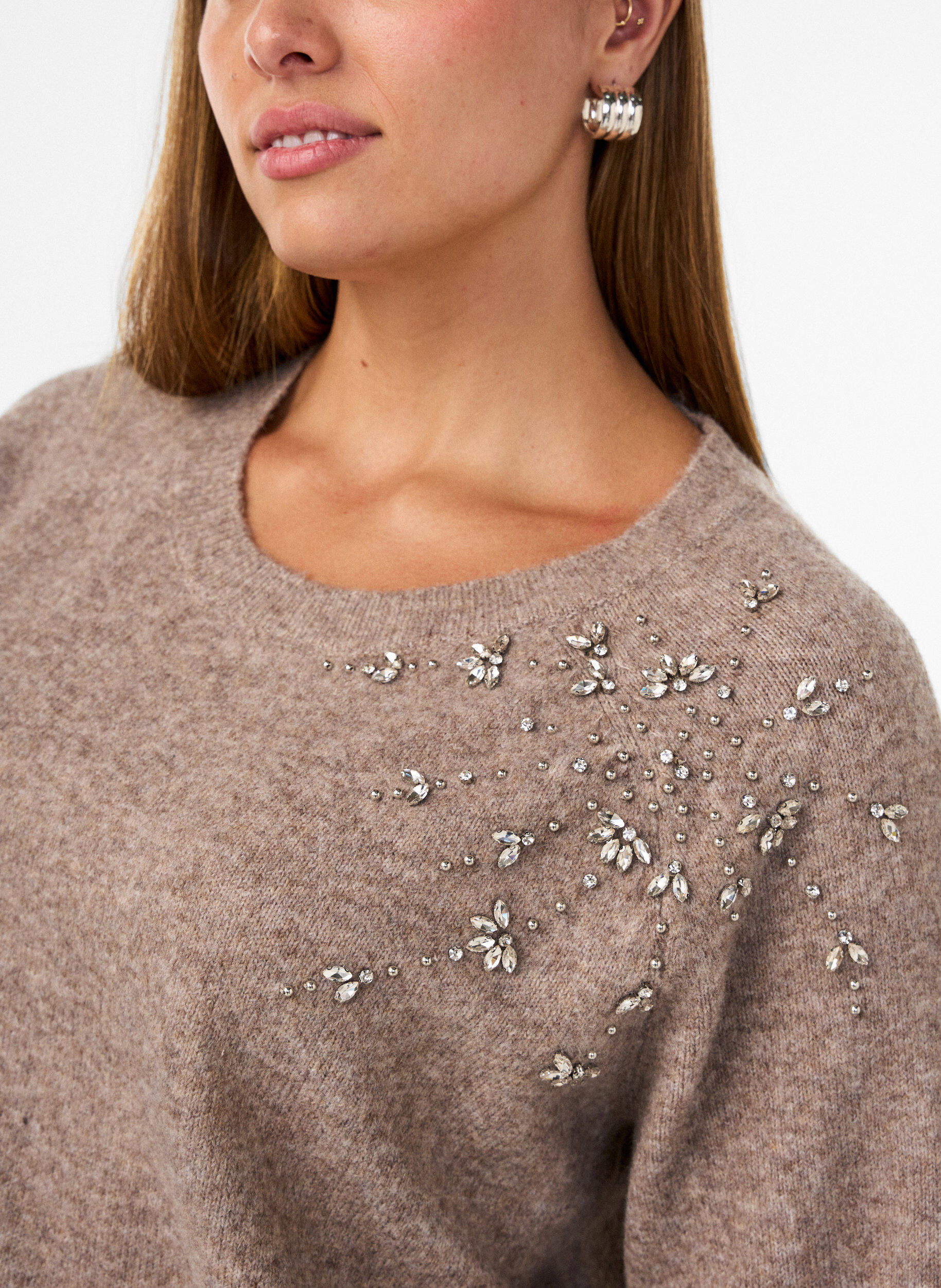 ZizziBluse aus Strick mit Strasssteinen und Nieten, Beige, Model image number 3