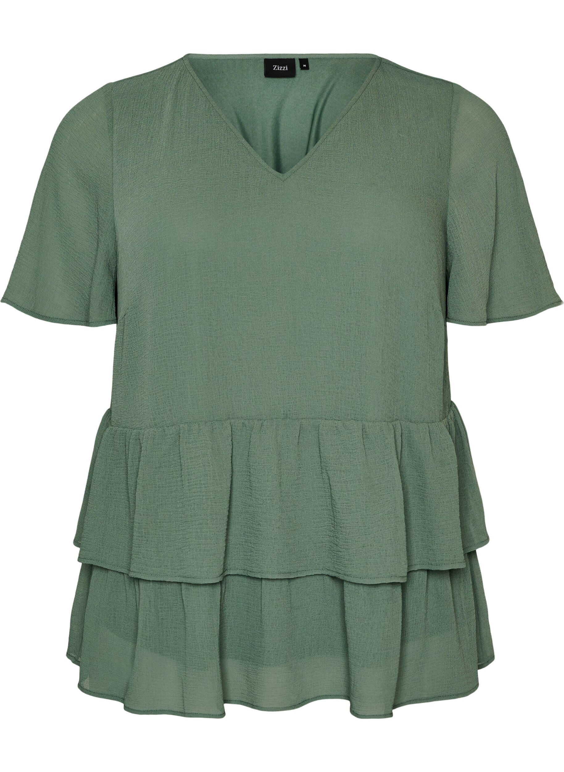 ZizziBlouse avec col en V et volants, Vert, Packshot image number 0