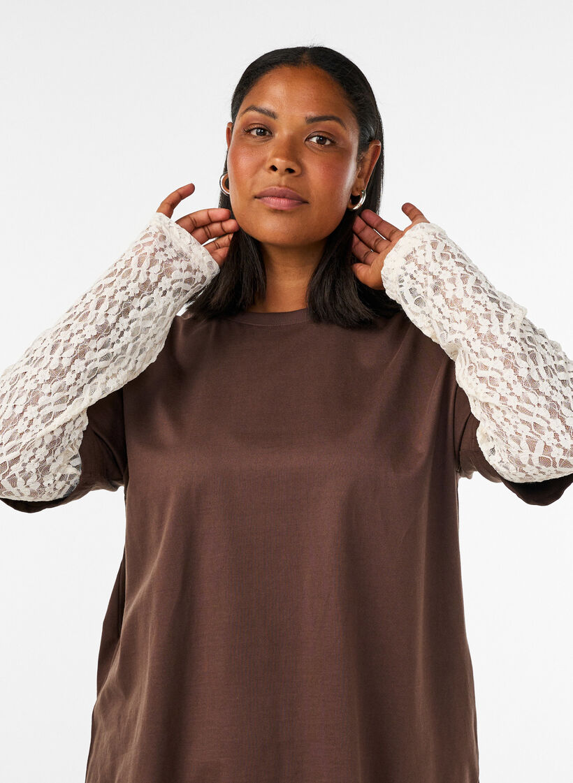 T-shirt ample avec manches longues en dentelle, Marron, Model image number 3