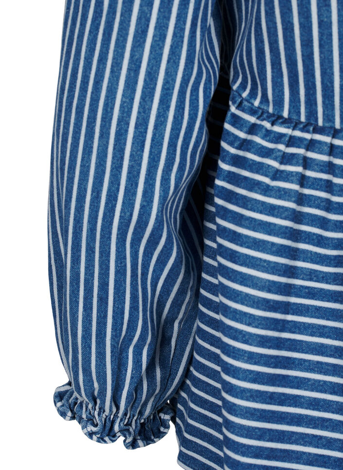 Gestreifte Jeansbluse mit Schleife vorne, Blau, Packshot image number 3