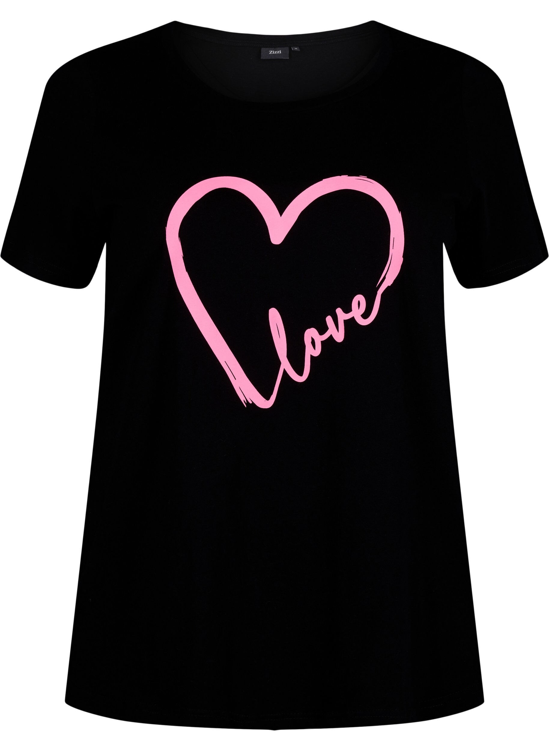 Zizzi T-shirt en coton &agrave; col ras du cou avec impression, Black W. Heart L., Packshot image number 0