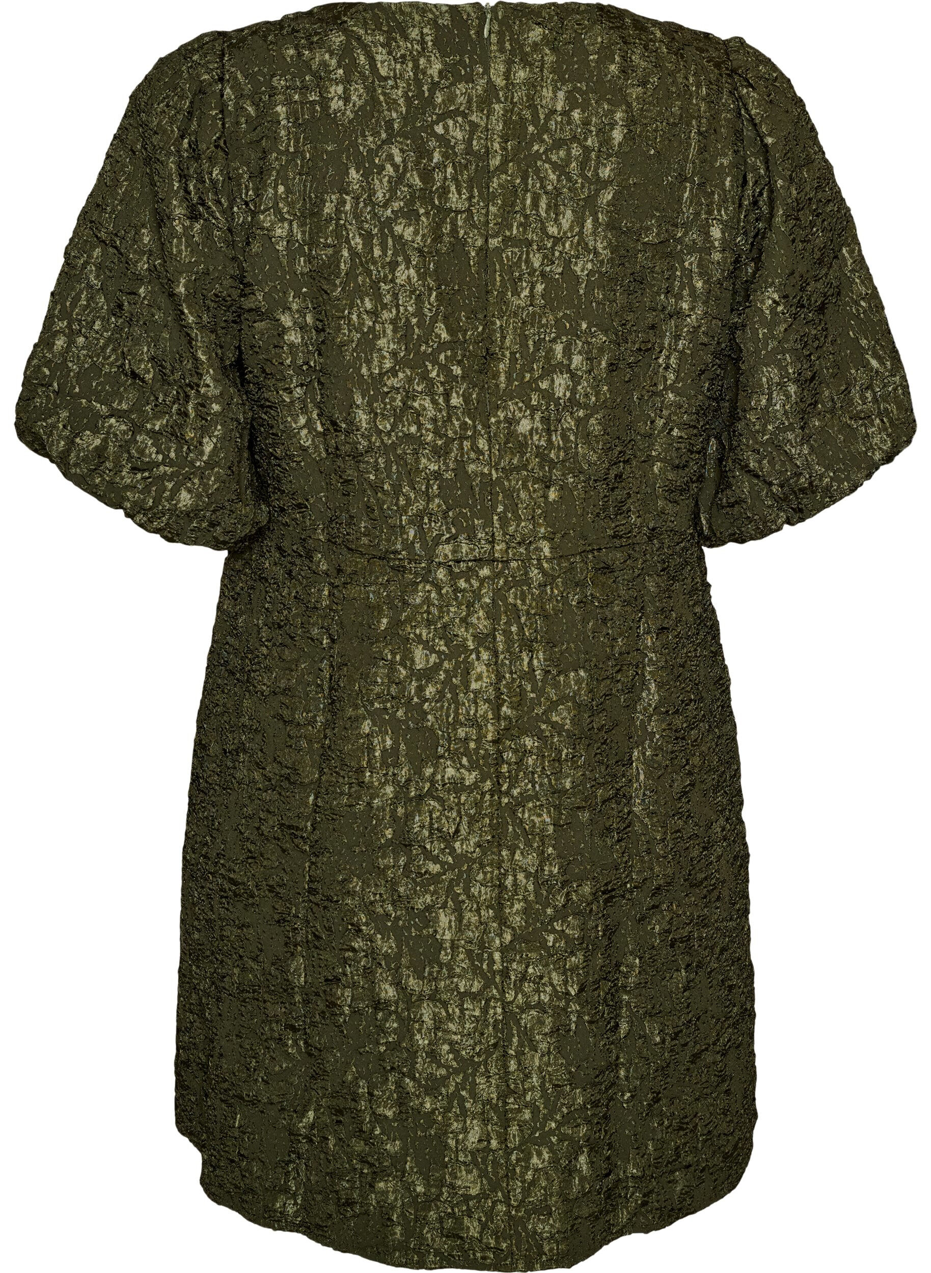 ZizziRobe en jacquard &agrave; coupe &eacute;vas&eacute;e avec manches bouffantes, Vert fonc&eacute;, Packshot image number 1