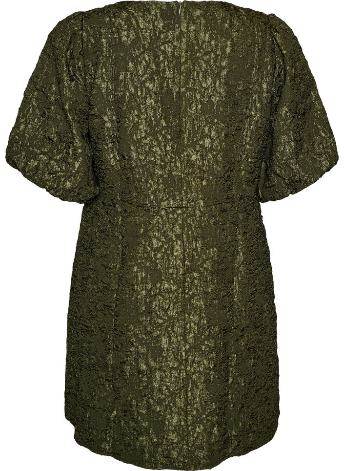 Robe en jacquard &agrave; coupe &eacute;vas&eacute;e avec manches bouffantes, Vert fonc&eacute;, Packshot image number 1