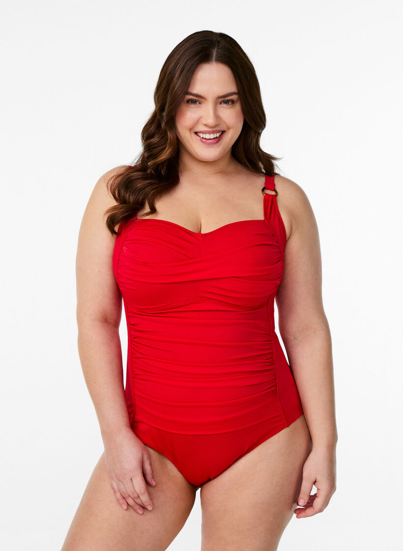 Maillot de bain drap&eacute; avec bonnets rembourr&eacute;s, Rouge, Model image number 0