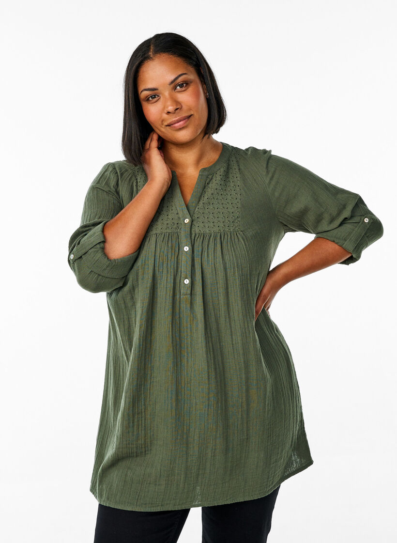 Tunika aus Baumwollmusselin mit Broderie Anglaise, Gr&uuml;n, Model image number 0