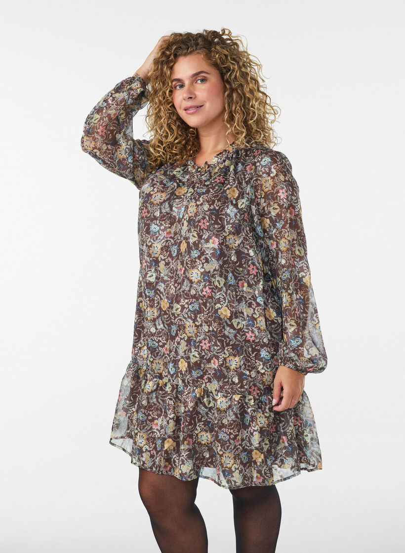 Robe en mousseline &agrave; imprim&eacute; floral et volants &eacute;tag&eacute;s, Marron, Model image number 0