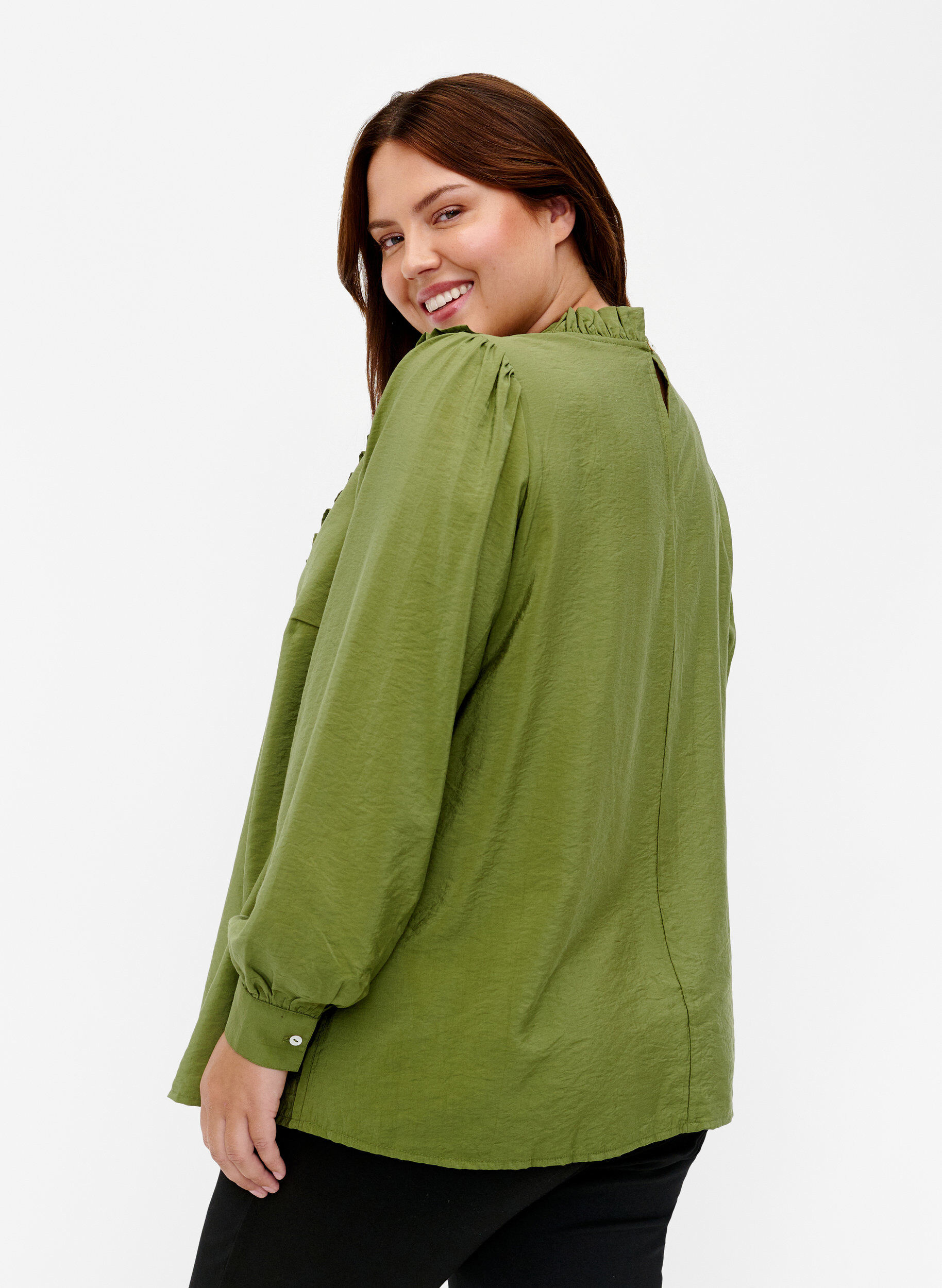 Zizzi Chemisier en viscose avec froufrous, Loden Green, Model image number 1