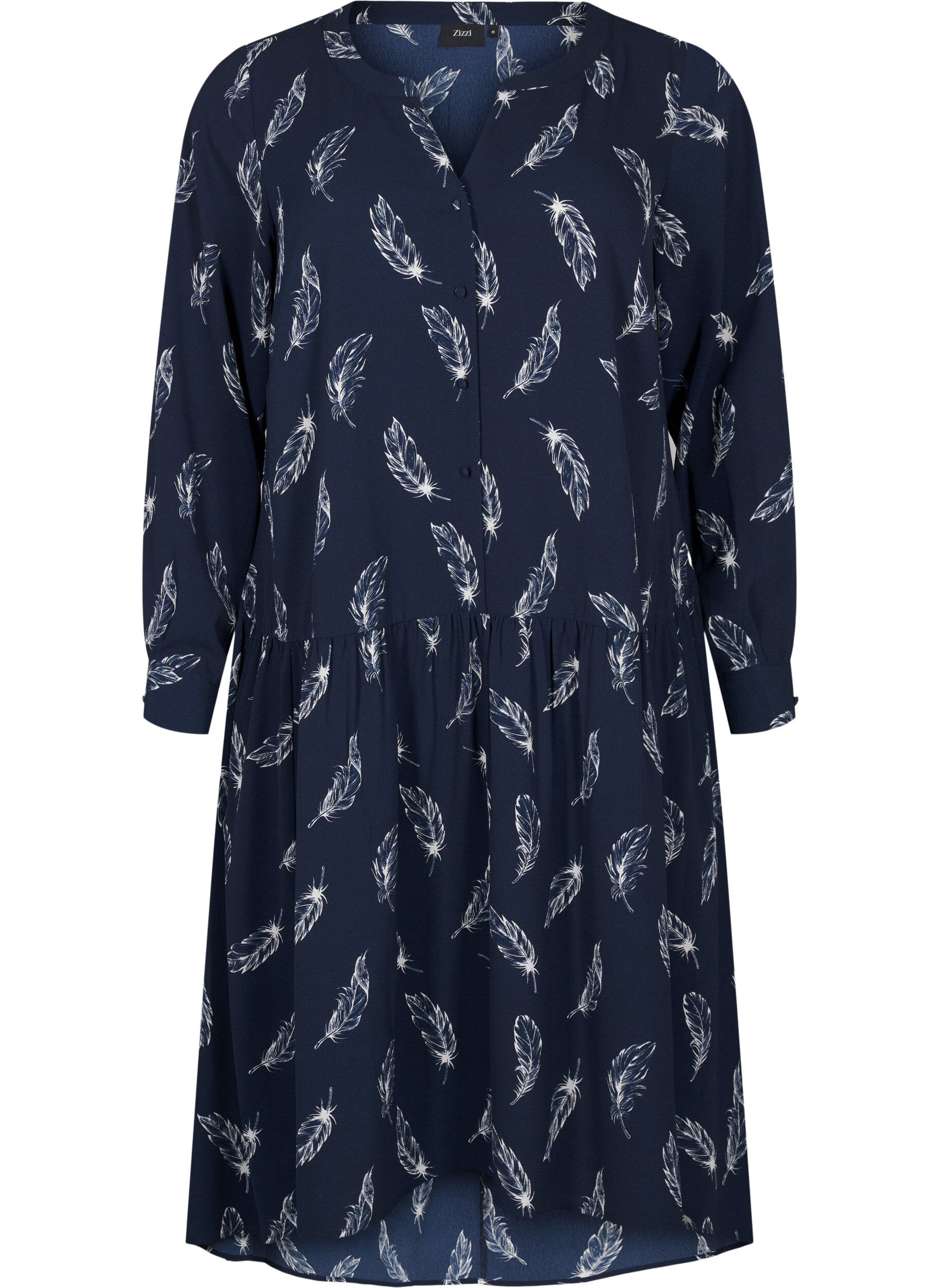 Zizzi Midi-Kleid mit langen &Auml;rmeln, Navy B. Feather AOP, Packshot image number 0