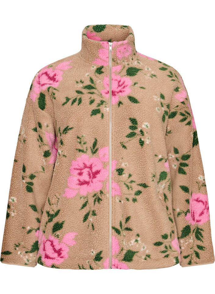 Gebl&uuml;mte Fleecejacke mit hohem Kragen und Rei&szlig;verschluss, Beige, Packshot image number 0