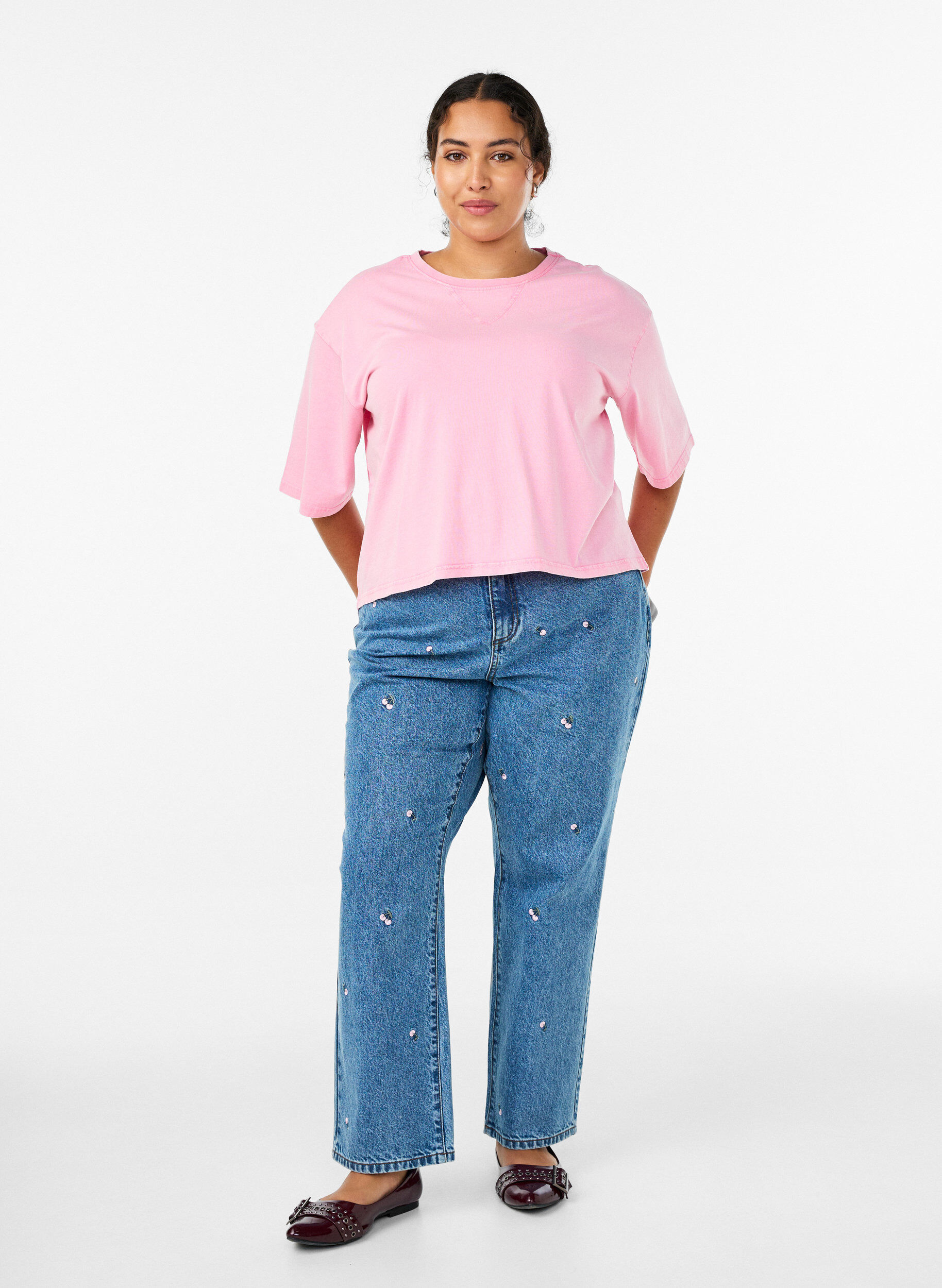 Zizzi T-shirt boxy en coton bio, Rose, Model image number 1