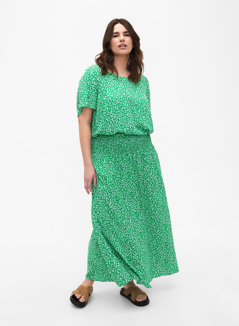 FLASH - Jupe longue en viscose avec smocks, Vert, Model image number 1