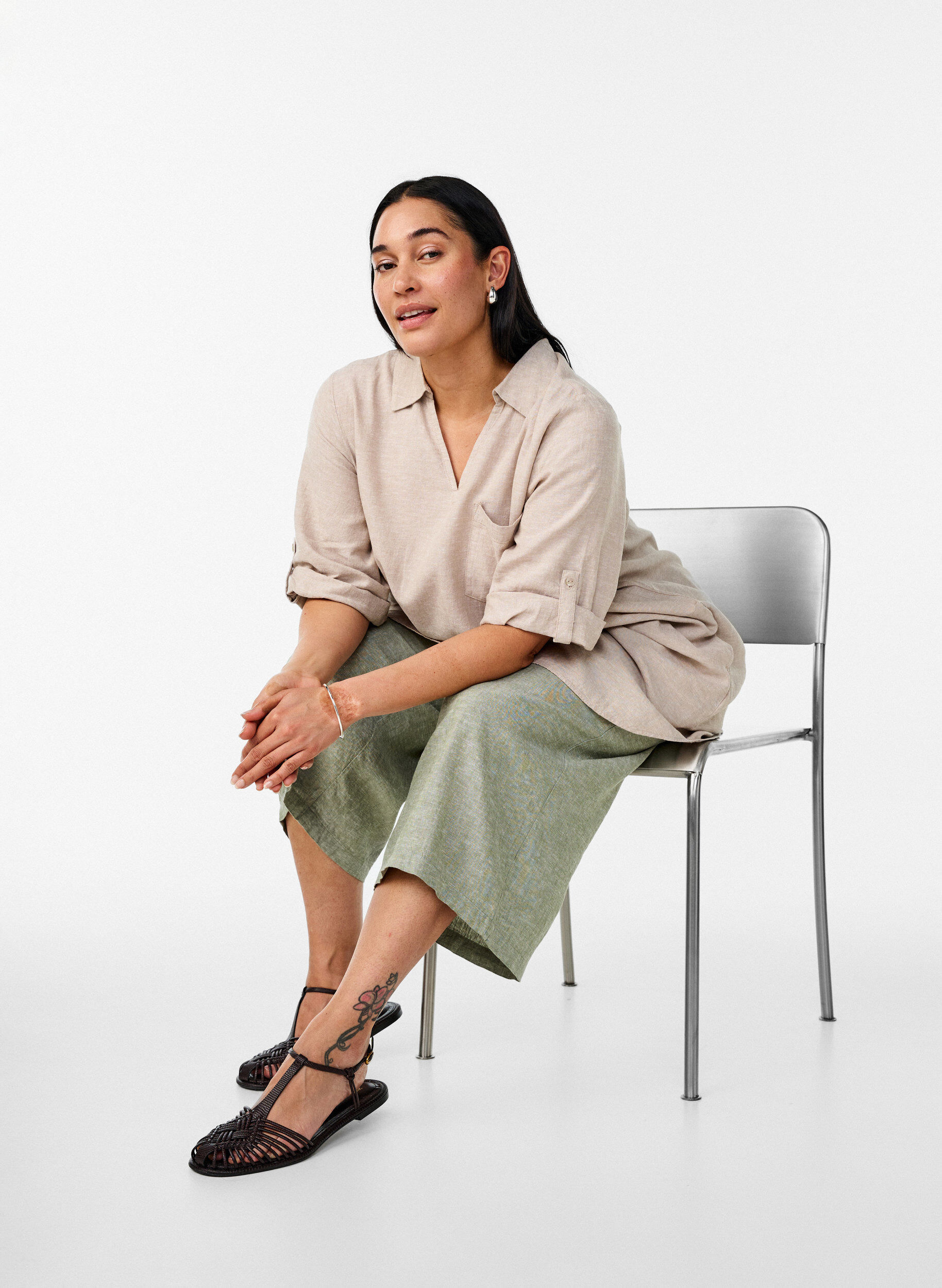 Zizzi Tunique coupe trap&egrave;ze en lin et viscose, Beige, Image image number 0