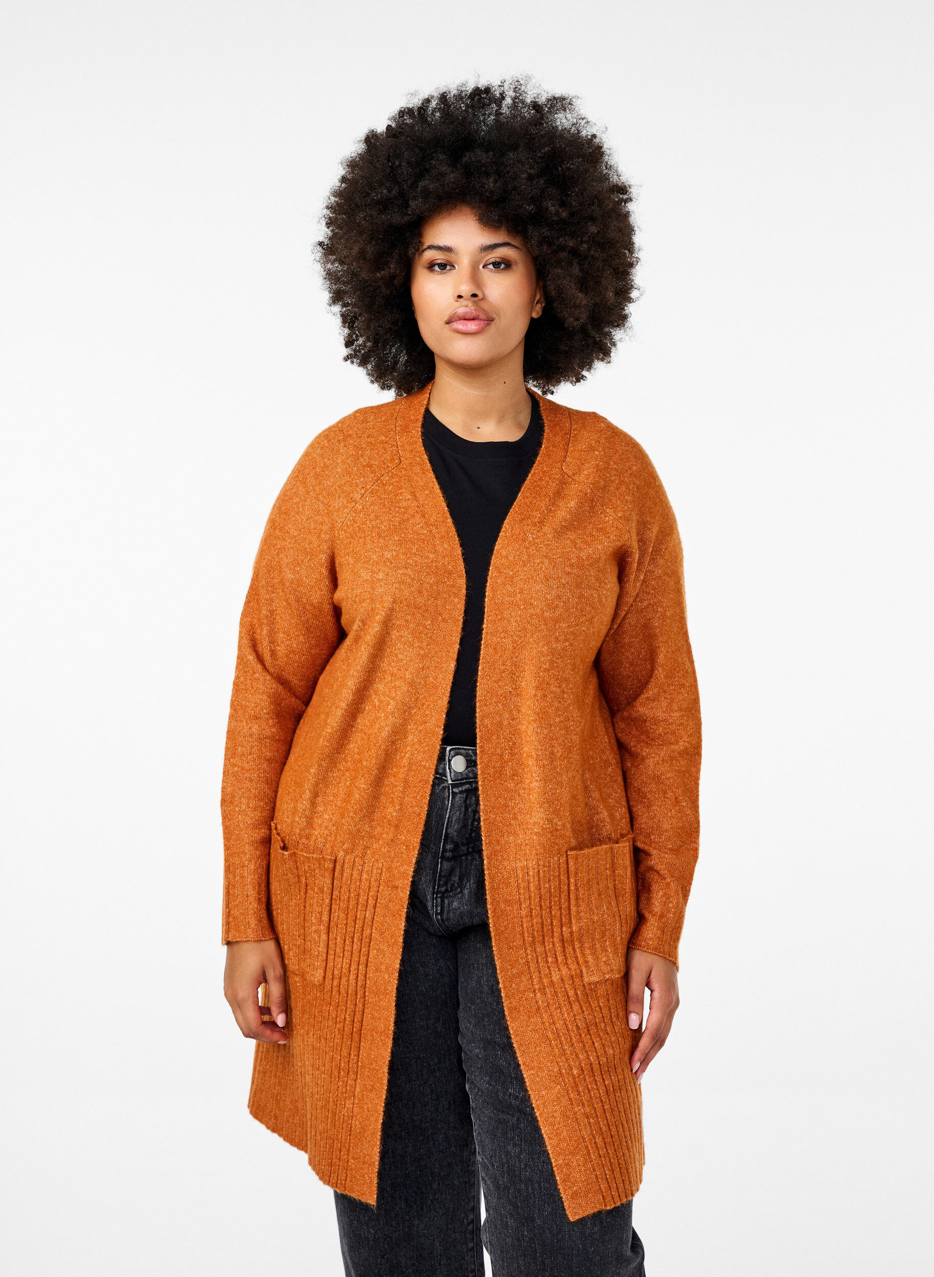 Zizzi Lange Strickjacke mit Taschen, Autumnal Mel., Model image number 0
