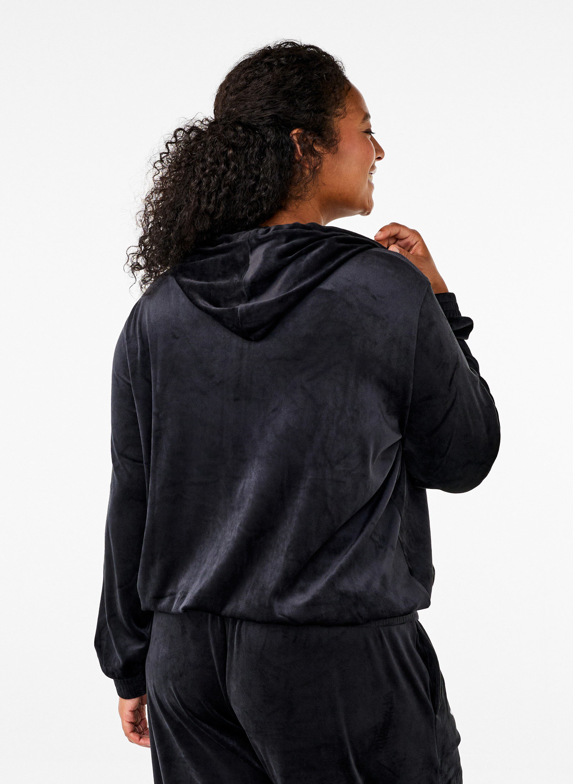 Zizzi Cardigan en velours &agrave; capuche, Black, Model image number 1